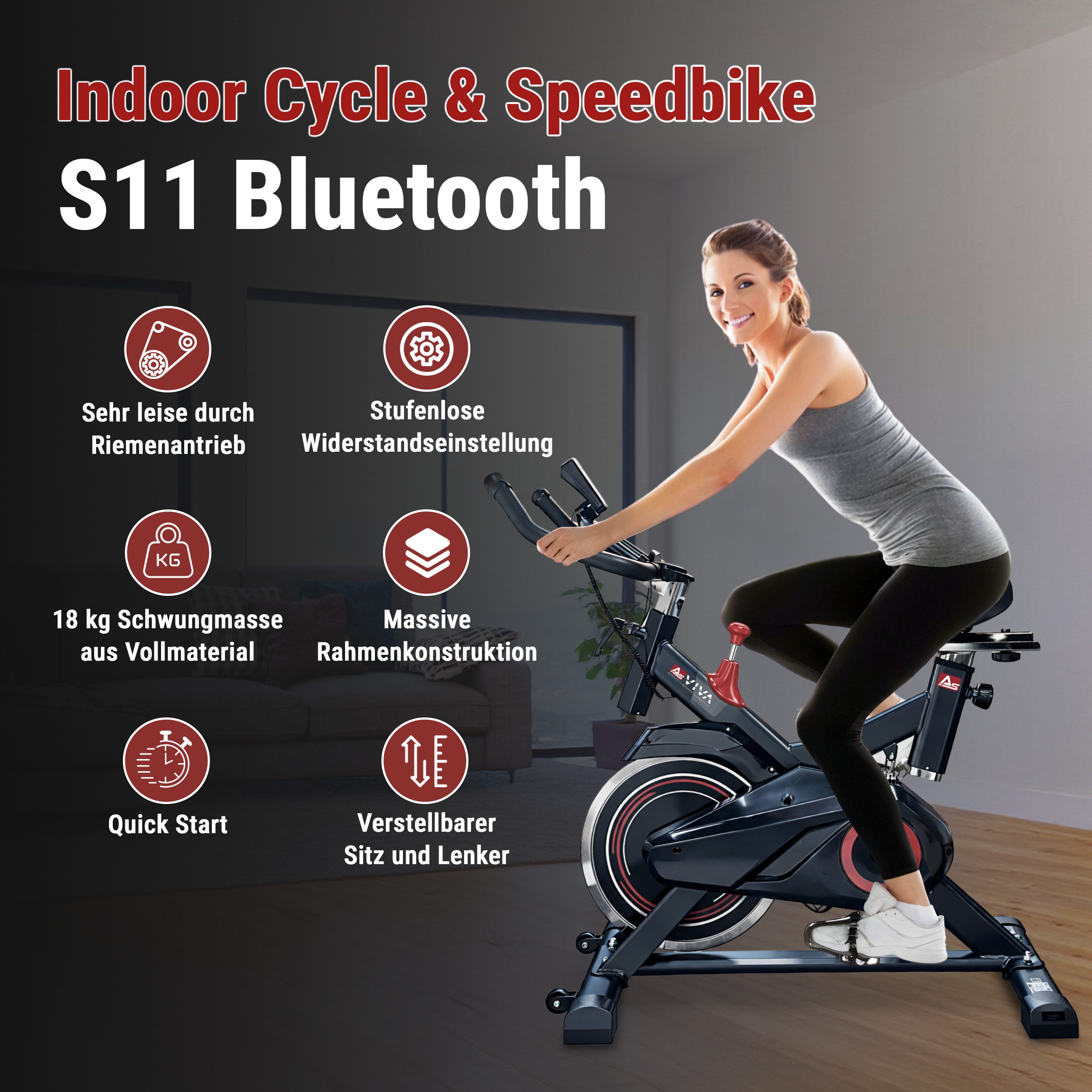 AsVIVA Speedbike S11 Indoor Cycle mit 18 kg Schwungmasse, leise, ergonomisch, 18 Kg Schwungmasse, leiser Riemenantrieb, 120 Kg Nutzergewicht