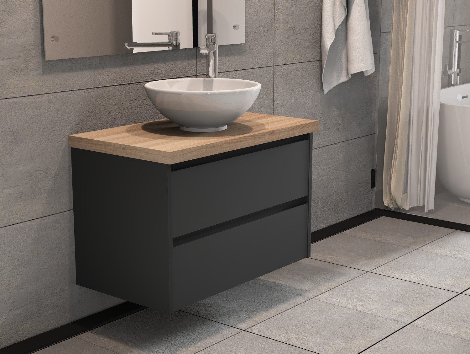 Aqua Bagno Badmöbel-Set Badschrank 80 cm mit Waschbecken, anthrazit lackiert, weiße Keramik, (Badschrank vormontiert, 3-St., Badmöbelschrank mit Trägerplatte, Waschschale), einfache Montage