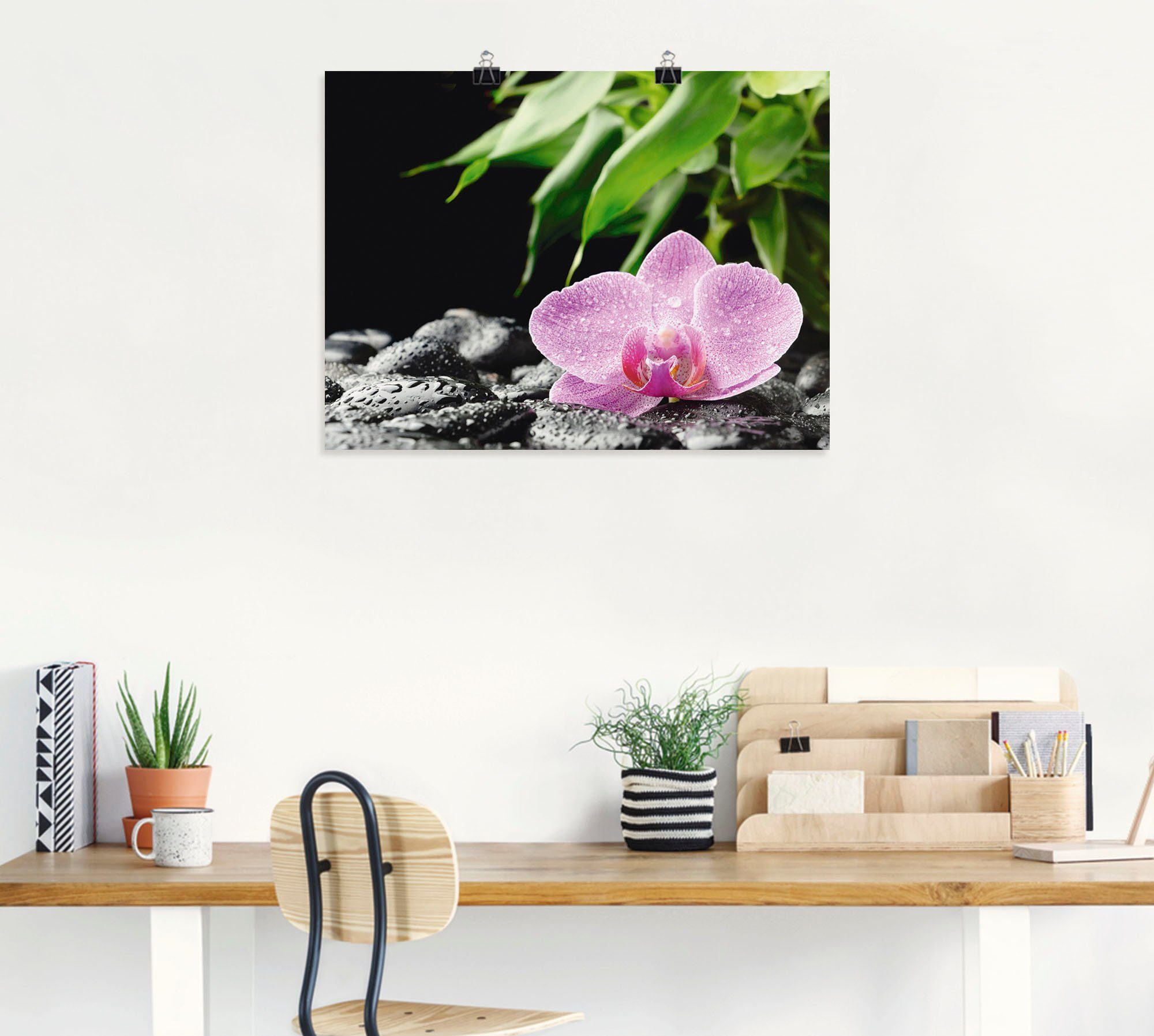 oder Steinen, Orchidee Zen Alubild, Größen Artland auf Leinwandbild, Poster schwarzen (1 Blumen in versch. Wandbild Wandaufkleber Rosa St), als