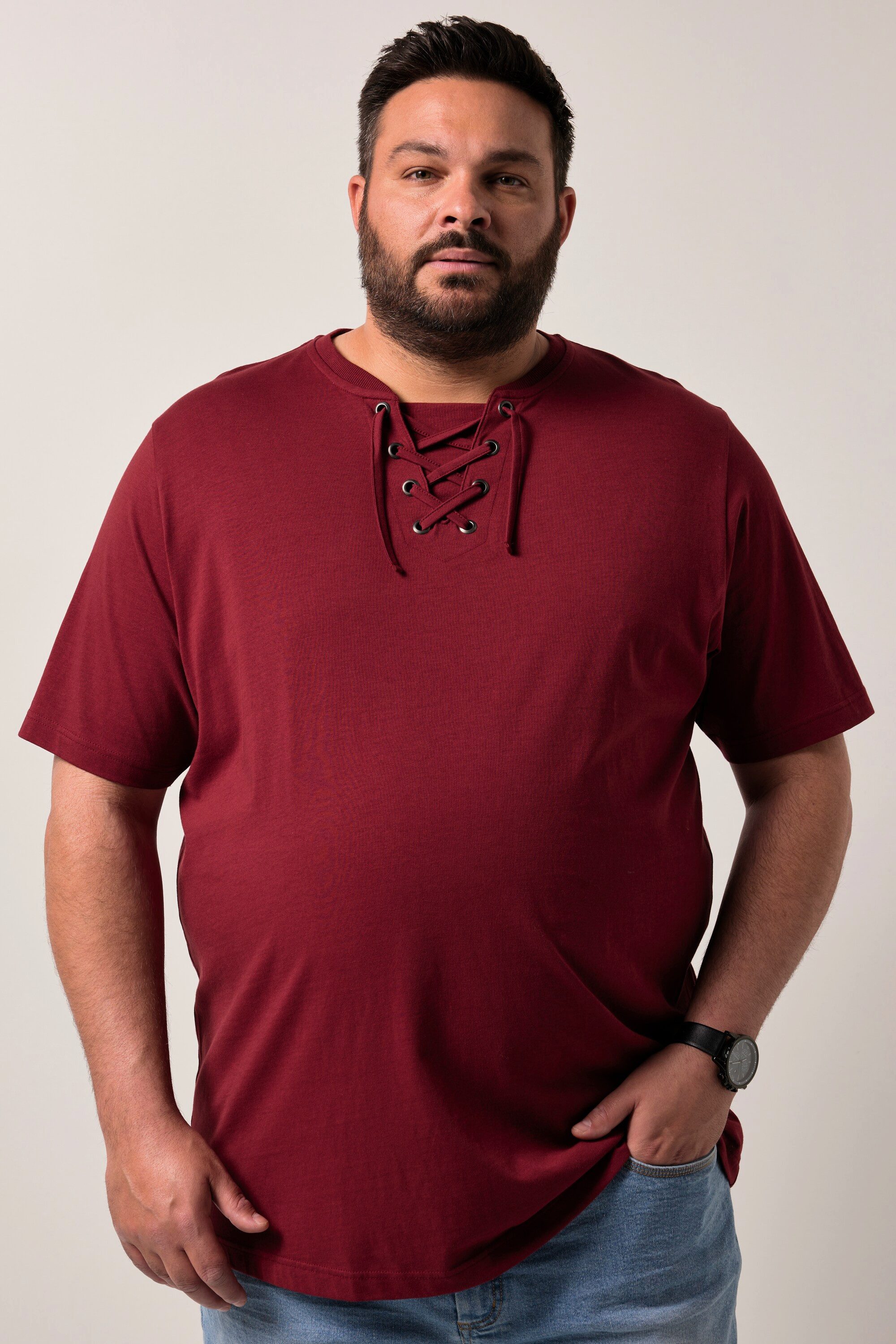 Men Plus T-Shirt T-Shirt Halbarm Rundhals mit Schnürung