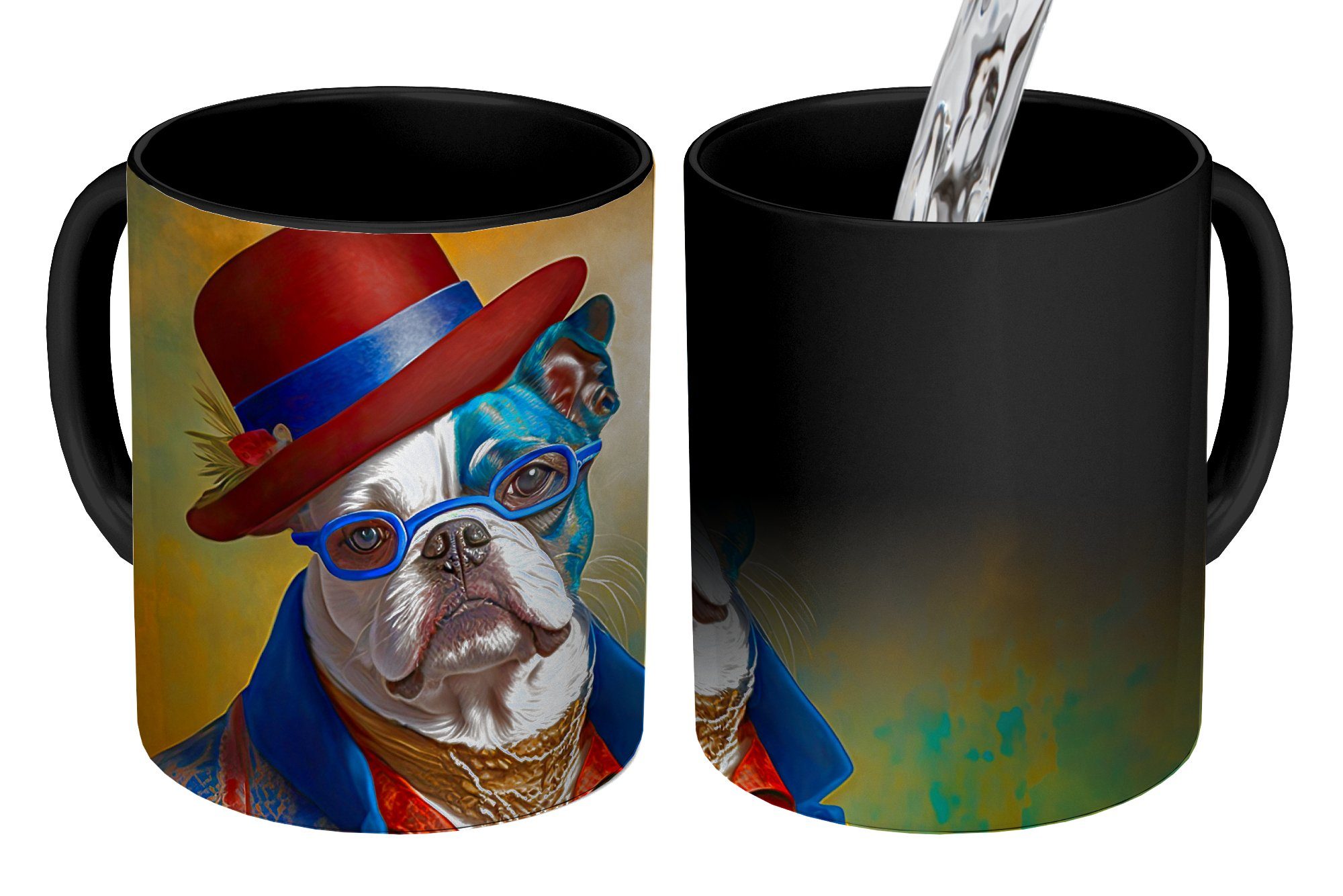 MuchoWow Tasse Hund - Porträt - Kleidung - Hut - Abstrakt, Keramik, Farbwechsel, Kaffeetassen, Teetasse, Zaubertasse, Geschenk