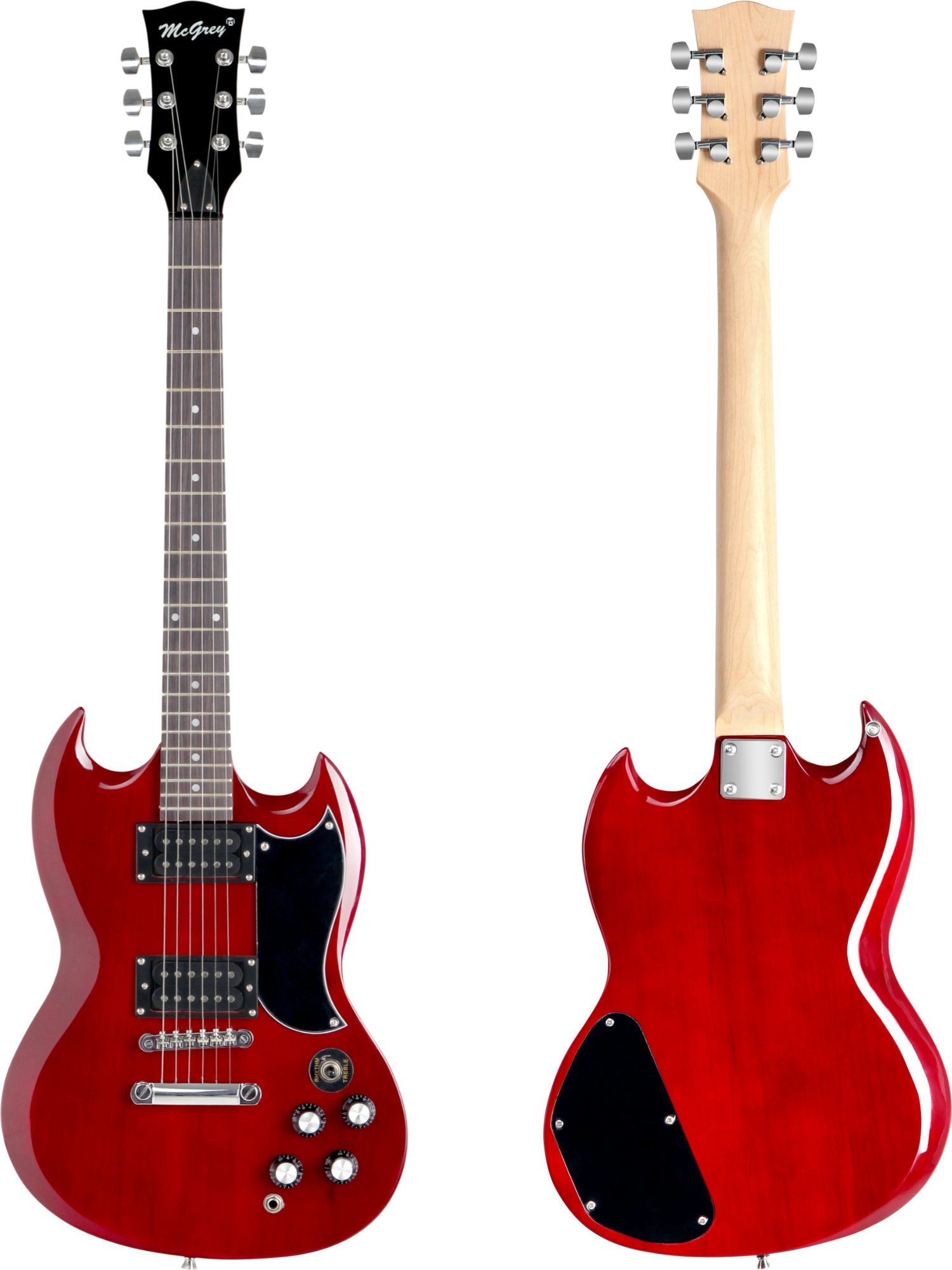McGrey E-Gitarre McGrey Rockit E-Gitarre Double Cut-Komplettset Cherry Red, Double Cut, Komplettset 4/4, 8-St., inkl. Verstärker, Tasche, Stimmgerät, Plektren, Gurt und Kabel, 10 Watt (RMS) Gitarrenverstärker inklusive!