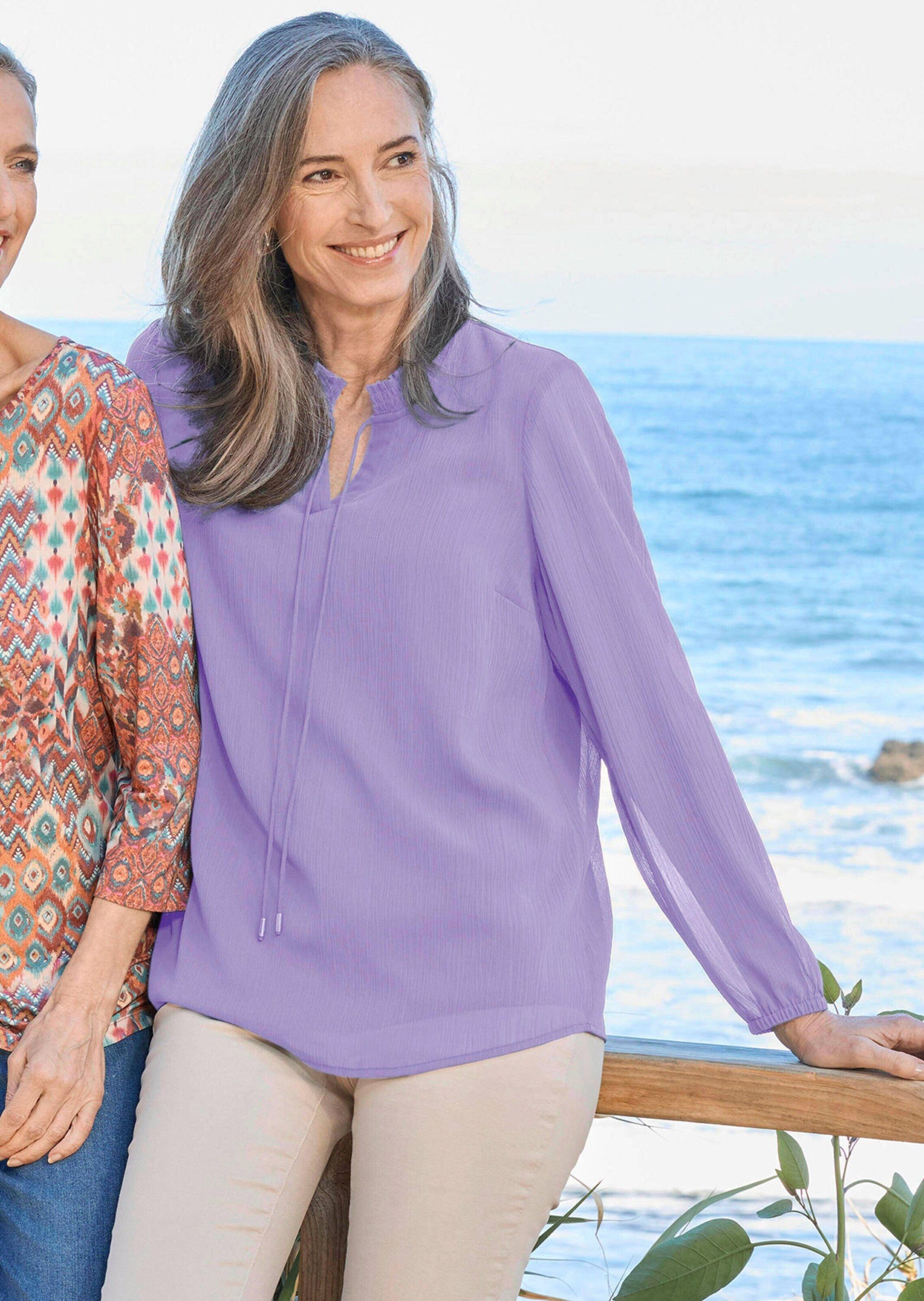 GOLDNER Chiffonbluse Elegante Jersey-Bluse mit Rundhals Viskosebluse mit Rundhalsausschnitt und Langarm