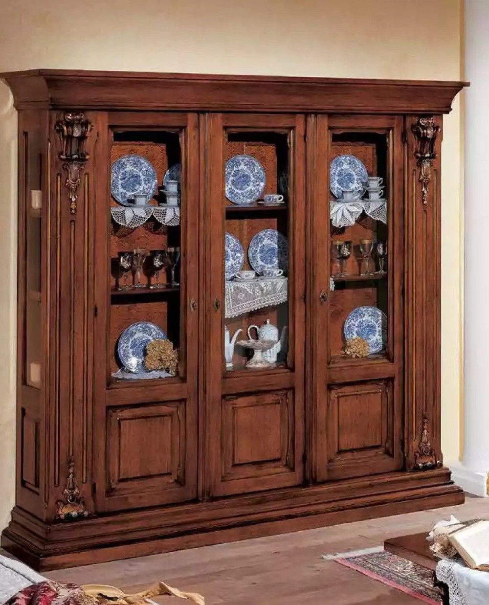 Vitrine Elegante Massivholz Vitrine Anrichte Möbelregal Braun