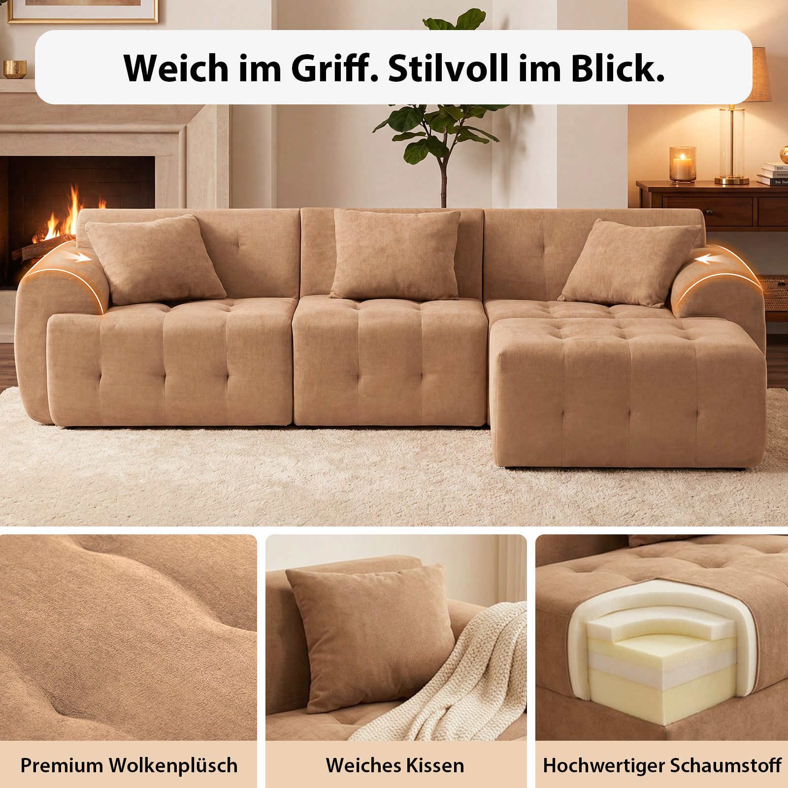 COMHOMA Sofa Ecksofa, Modulares Sofa, 2 Sitzer Bodensofa Couch mit Kissen Armlehne, für Wohnzimmer, vakuumverpackt