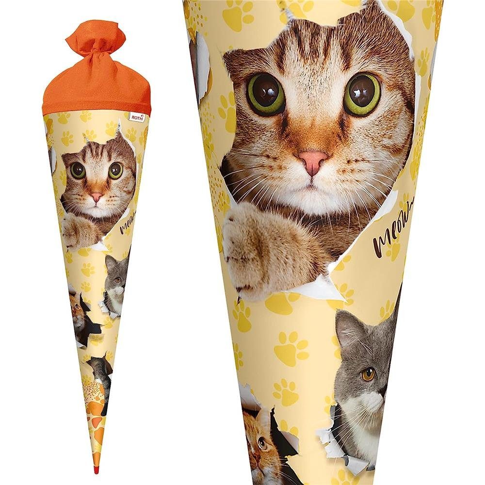 Roth Schultüte Katzenparty, 70 cm, rund, orangefarbiger Filzverschluss, Zuckertüte für Schulanfang