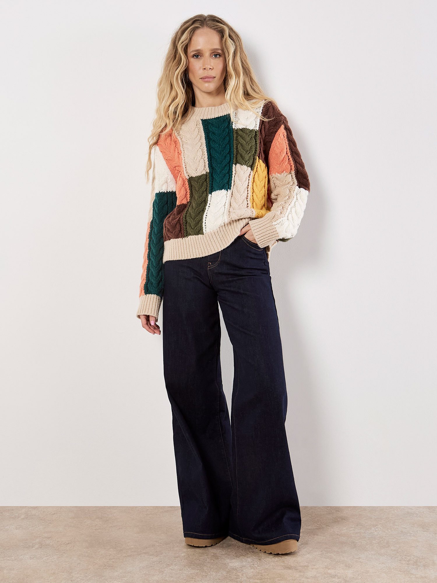 Apricot Strickpullover Zopfpullover im Color-Block-Design