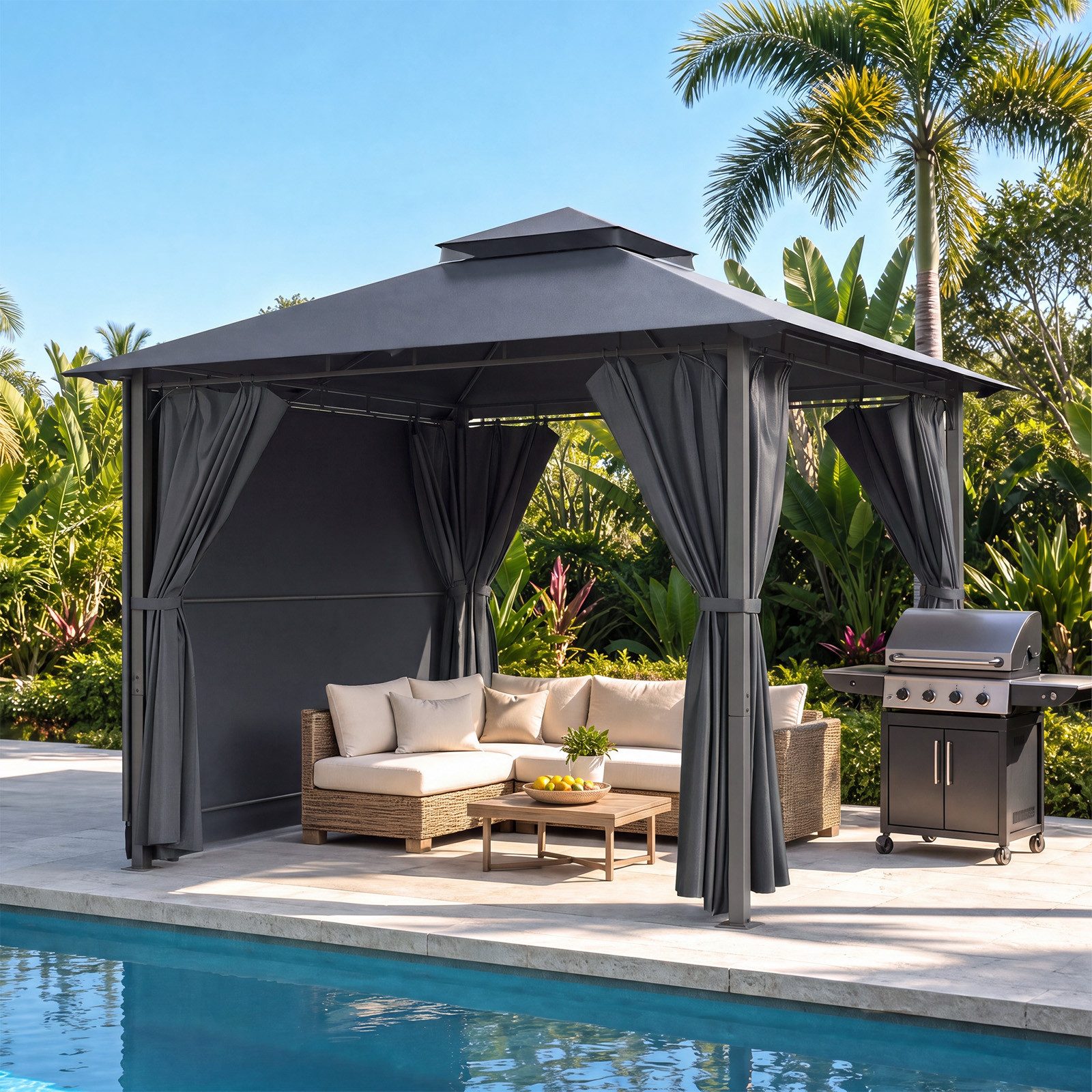 HOMALL Pavillon Extend Grillpavillon, mit 1.8m ausklappbarer Seitenveranda, mit 4 Seitenteilen, (Ausziehbarer Seitenmarkise flexibel verstellbare Schattenflächen), Verstellbarer Pavillon 3–4,7 m, mit Moskitonetz für 6-10 Personen