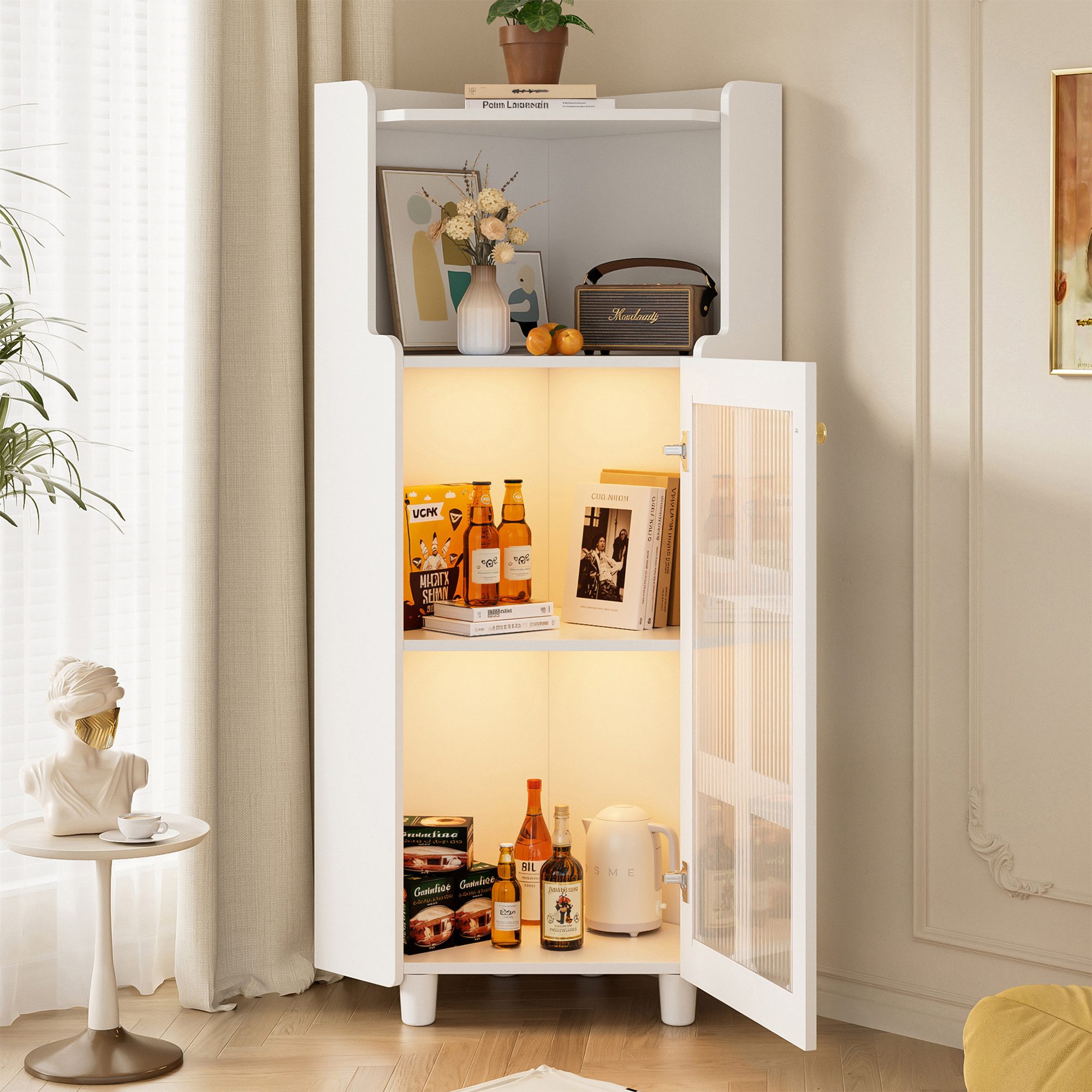 Totnz Eckschrank Eck-Schrank mit Lackoberfläche & LED-Beleuchtung, mit App-Steuerung (Moderner Stil) für Wohnzimmer, Badezimmer