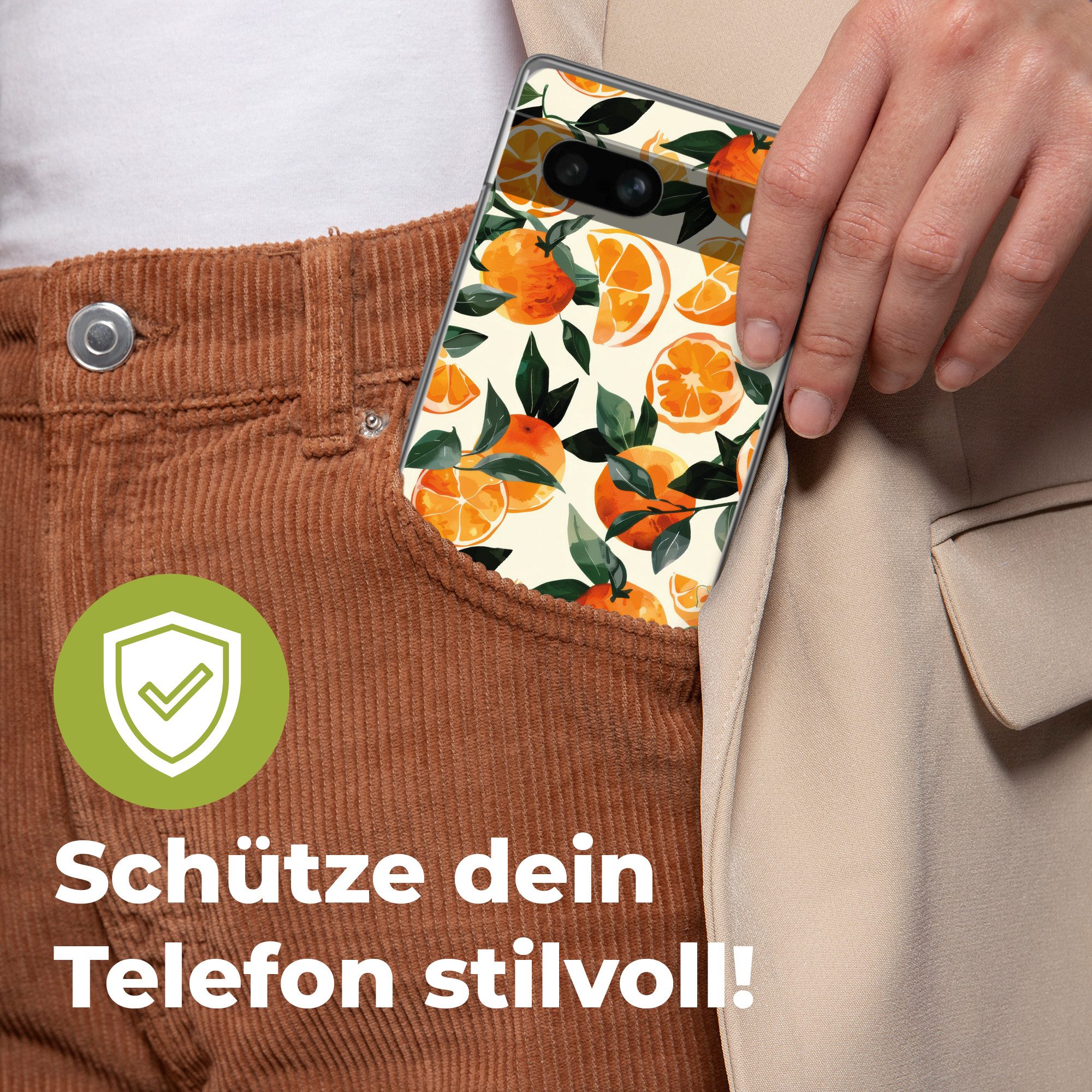 MuchoWow Handyhülle für Google Pixel 7a Orangen - Früchte - Blätter - Orange - Grün - Beig, Handy Case, Silikon, Bumper Case Dünn