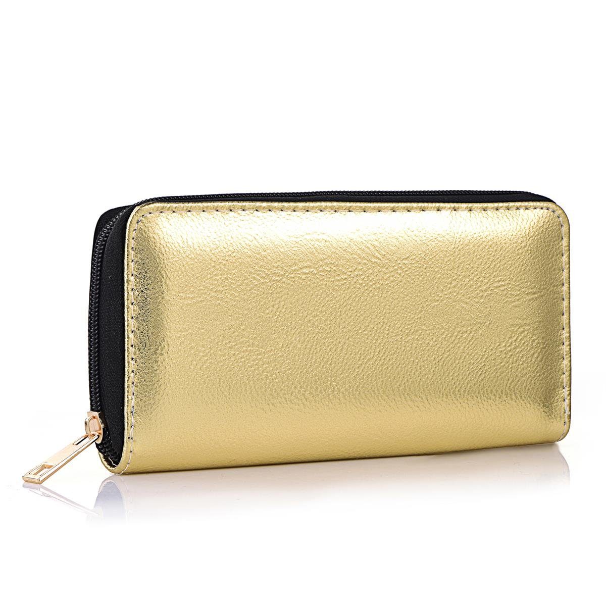 DonDon Geldbörse Portemonnaie Geldbeutel weich 20 x 10 x 2,5 cm (Packung, 1-tlg), Geldbörse für Damen und Mädchen, Metallic-Look, mit Reißverschluss
