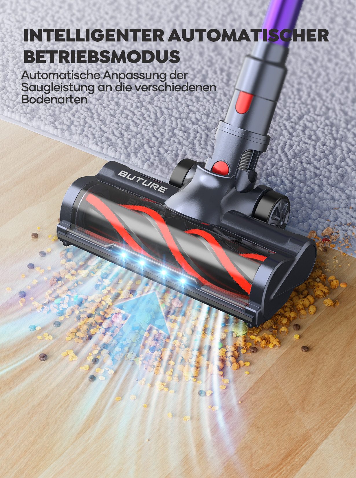 Buture Akku-Hand-und Stielstaubsauger 78000Pa Akku Staubsauger 650W Akkusauger kabellos 55 Min Laufzeit, 650 W, Intelligenter Touchscreen, Abnehmbarer Akku, 1,5 L Staubbehälter