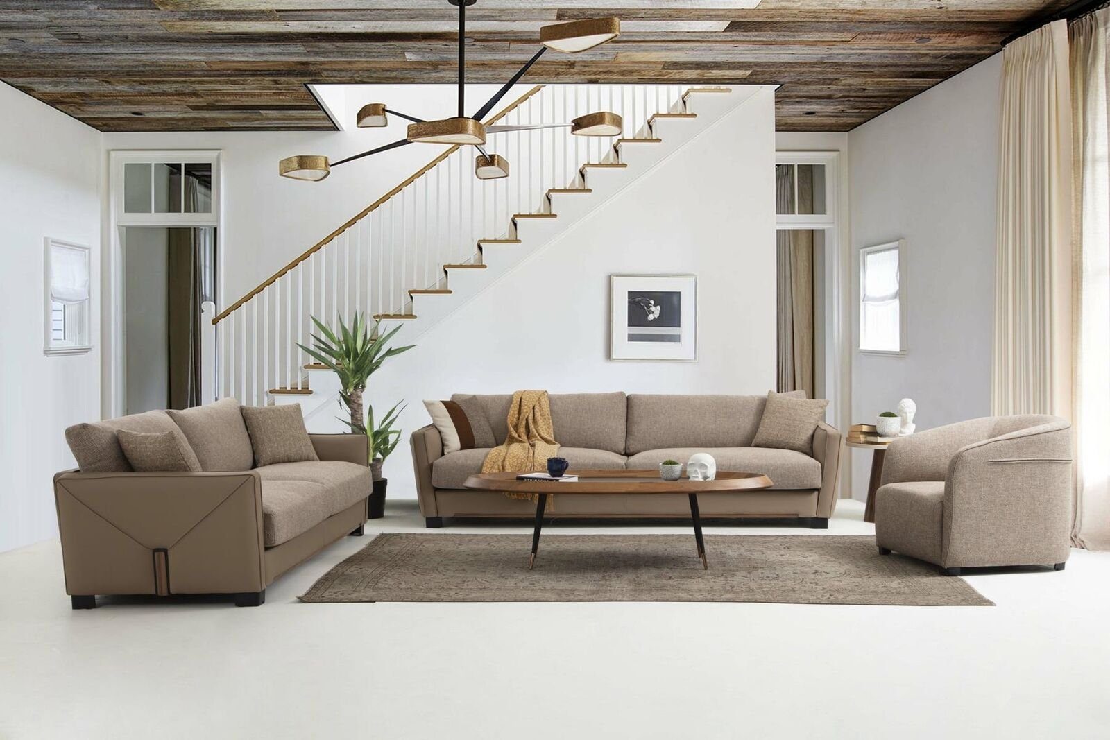 Sofa 1x Set 3-Sitzer Wohnzimmer-Set Beige Sessel), Europa Modern 1x Sofas, + 3tlg (3-St., 1x in JVmoebel Made Sessel Stoff + 4-Sitzer Sitzer Sofagarnitur 431