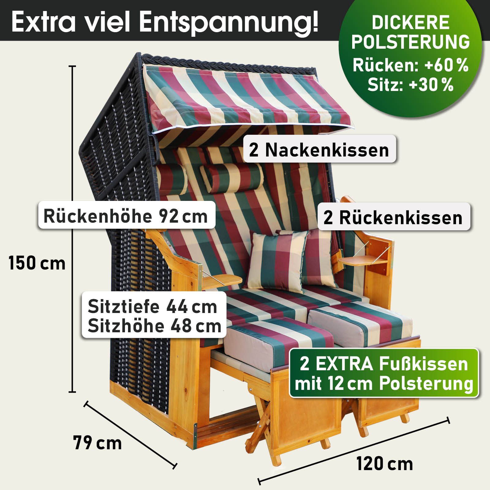 BRAST Strandkorb für 2 Personen, 120cm breit, 5 Designs, BxTxH: 120x79x150 cm, Volllieger, Rügen Deluxe, (verstellbare Rückenlehne weiches Fußkissen), inkl. wetterfeste Abdeckhaube