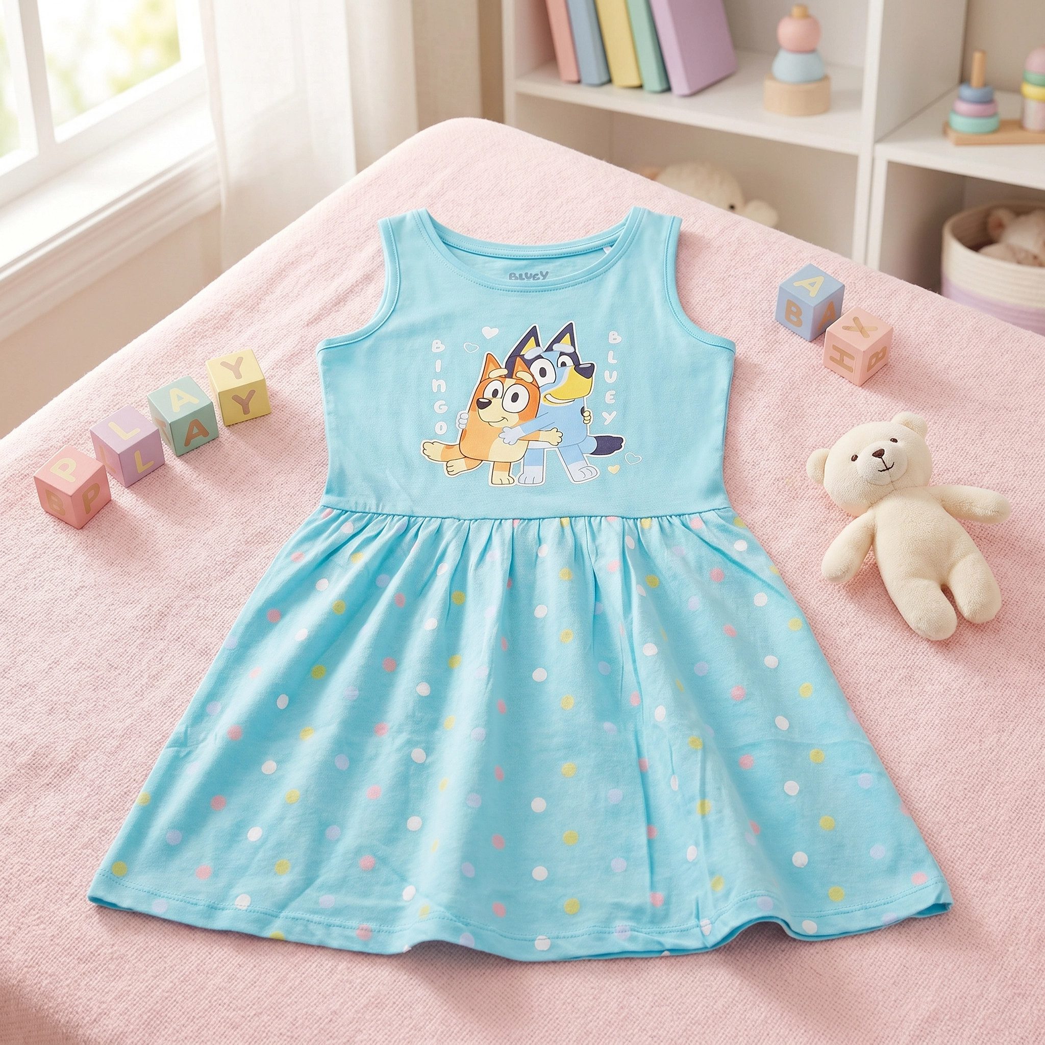Bluey Sommerkleid Bluey Bingo Kinder Mädchen kurzarm Kleid Sommerkleid 100% Baumwolle, Gr. 92 bis 116