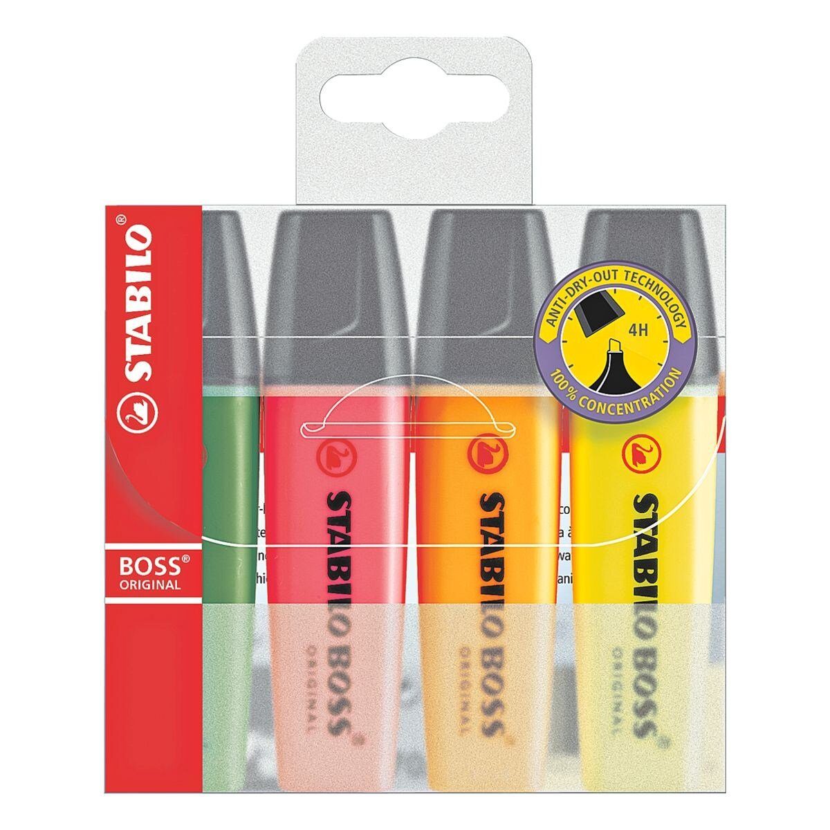 STABILO Marker BOSS® Original, (4-tlg), Textmarker, schnelltrockend gelb, grün, orange, pink