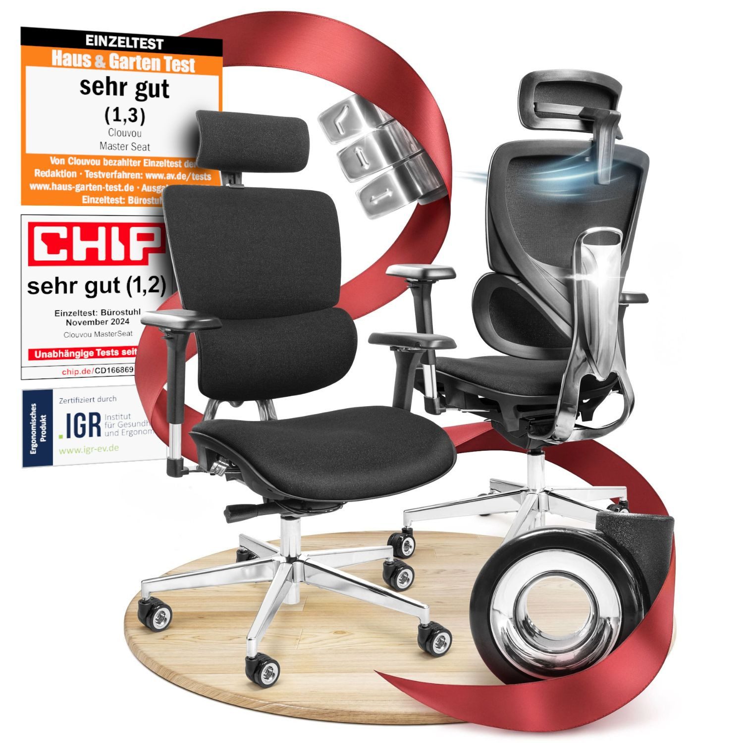 CLOUVOU Bürostuhl Ergonomisch, Schreibtischstuhl bis 150 kg - Testsieger (MasterSeat - Chefsessel für Arbeitszimmer, 4D Gaming Armlehnen), Blade Wheels, Homeoffice, Gaming Stuhl, Drehstuhl