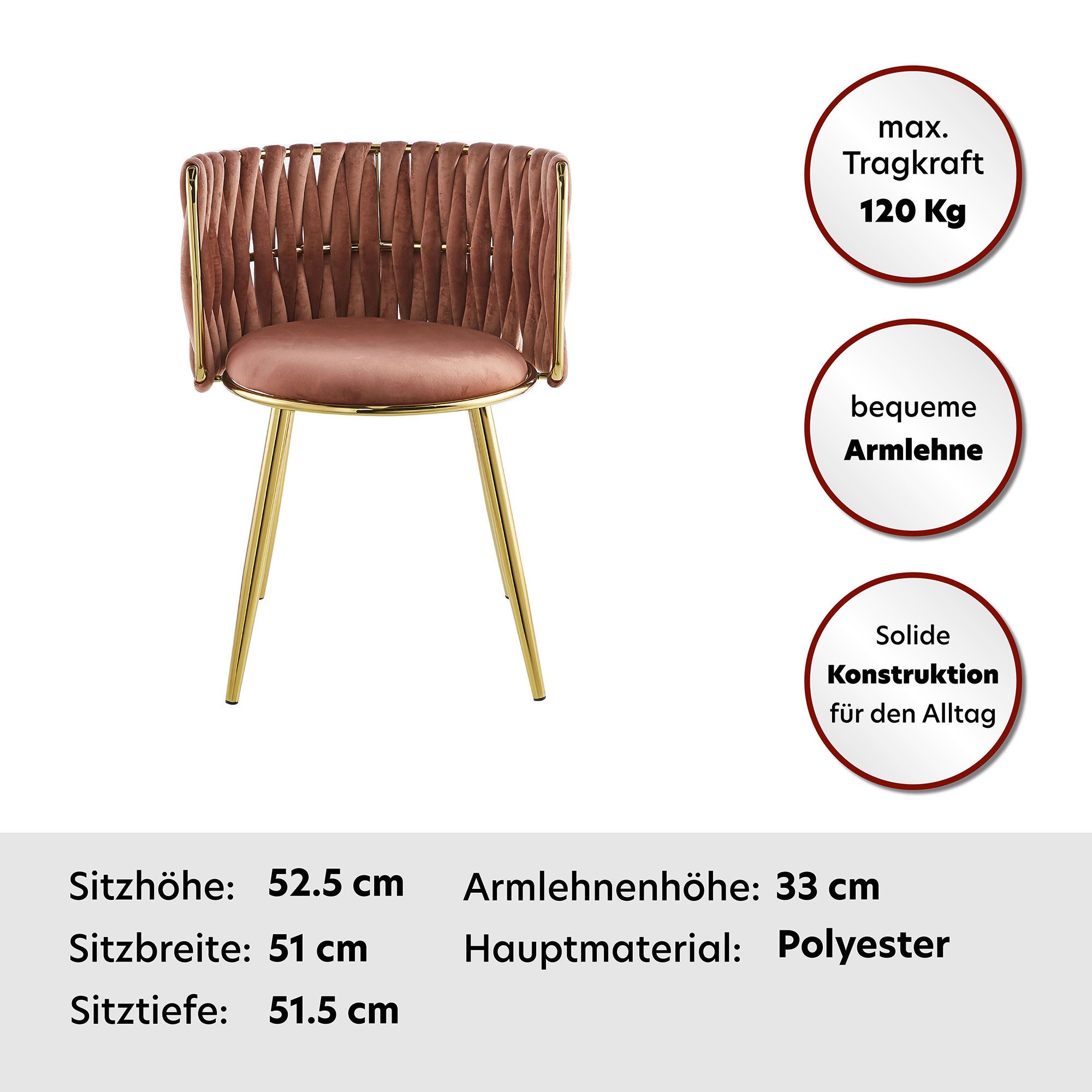 Kayoom Polsterstuhl Stuhl Melly 125 2er-Set,tolles Design der Rückenlehne, runde Sitzfläch (Set, 2 St), ausgefallen geflochtene Rückenlehne, Samtbezug, goldene Beine