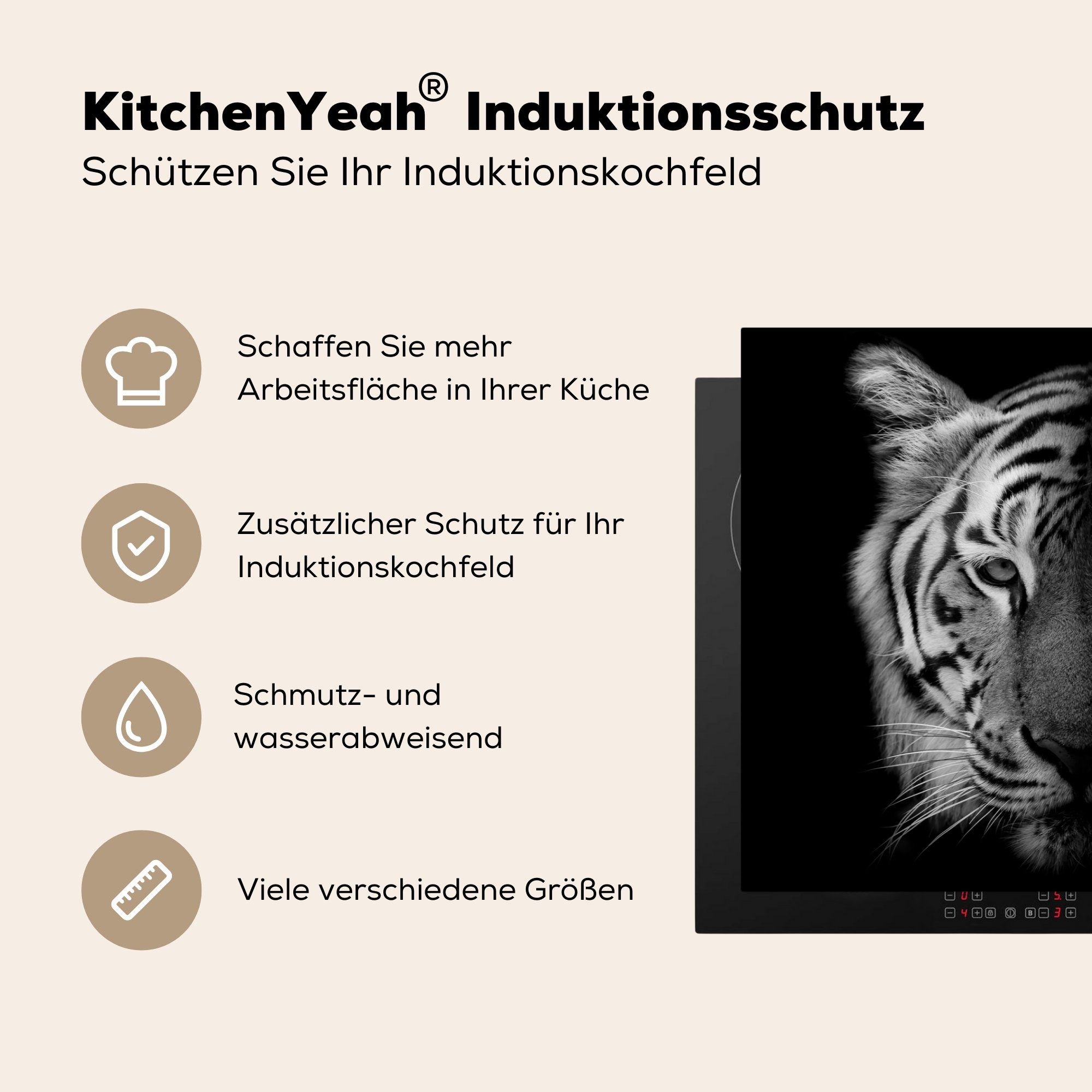 Vinyl, Wild tlg), MuchoWow 81x52 Weiß, Tiere Schwarz Herdblende-/Abdeckplatte (1 für Tiger - - cm, - Arbeitsplatte küche - Ceranfeldabdeckung,