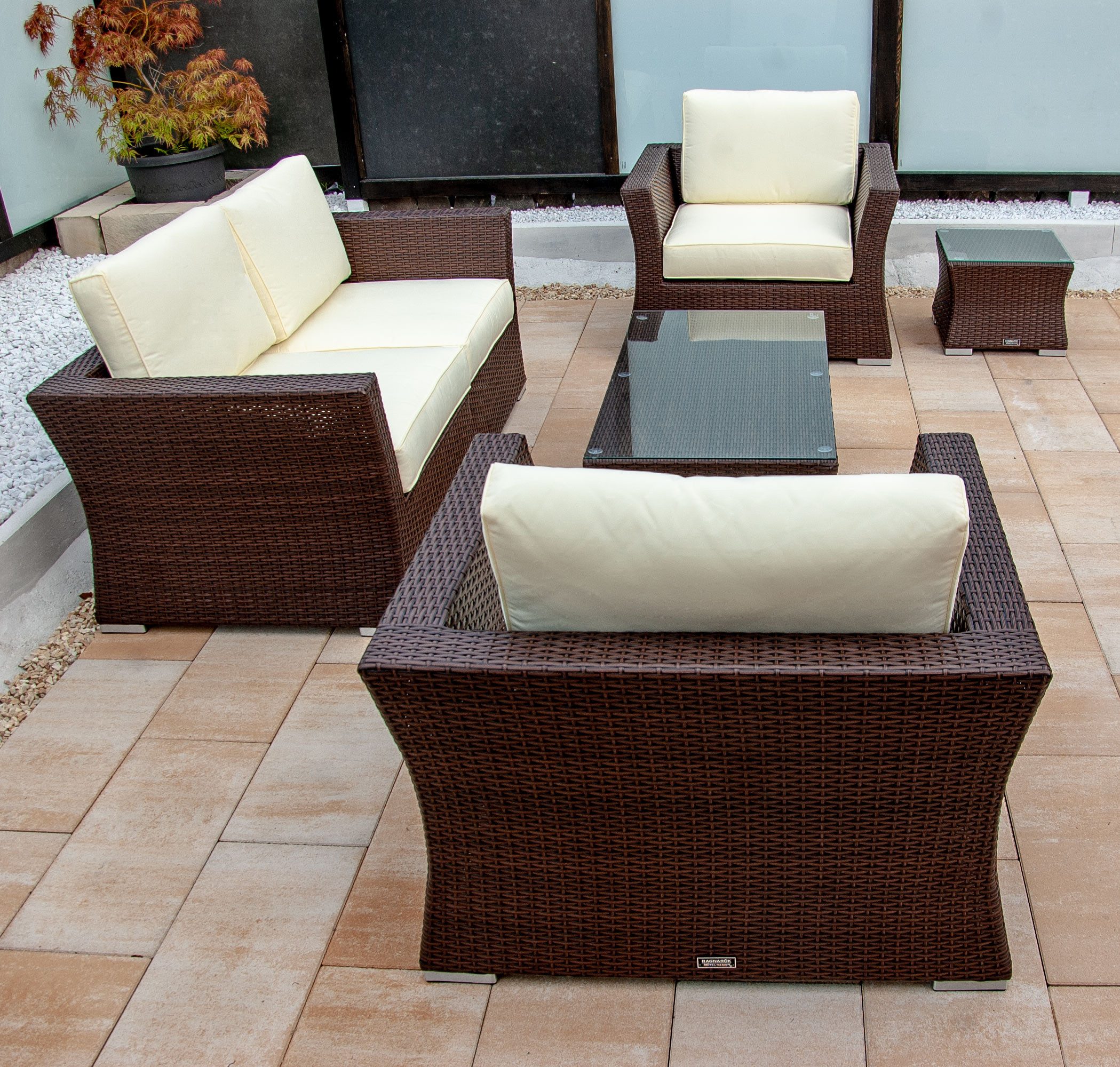 Ragnarök Möbel-Design Gartenlounge-Set Lounge Set Isfjord, (Set, Polyrattan, Alu), 1x Zweisitzer Sofa, 1 kl. & 1 gr. Beistelltisch, 2x Sessel