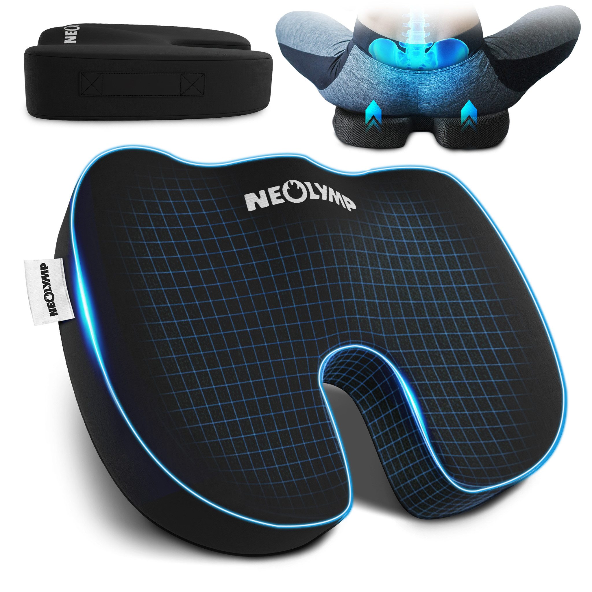 NEOLYMP Sitzkissen Orthopädisches Sitzkissen Memory Foam Kissen mit Steißbein-Aussparung, Ergonomisches Design für Büro, Auto & Reisen – 3 Härtegrade