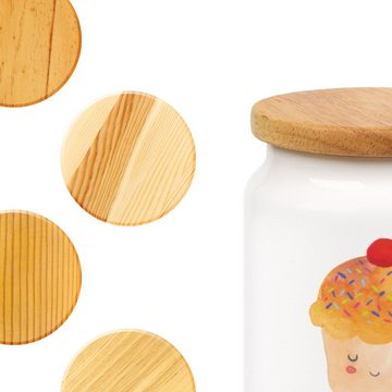 Mr. & Mrs. Panda Vorratsdose Cupcake - Weiß - Geschenk, Gute Laune, Vorratsdose, Vorratsbehälter, Keramik, (1-tlg), Holzdeckel-Dichtung