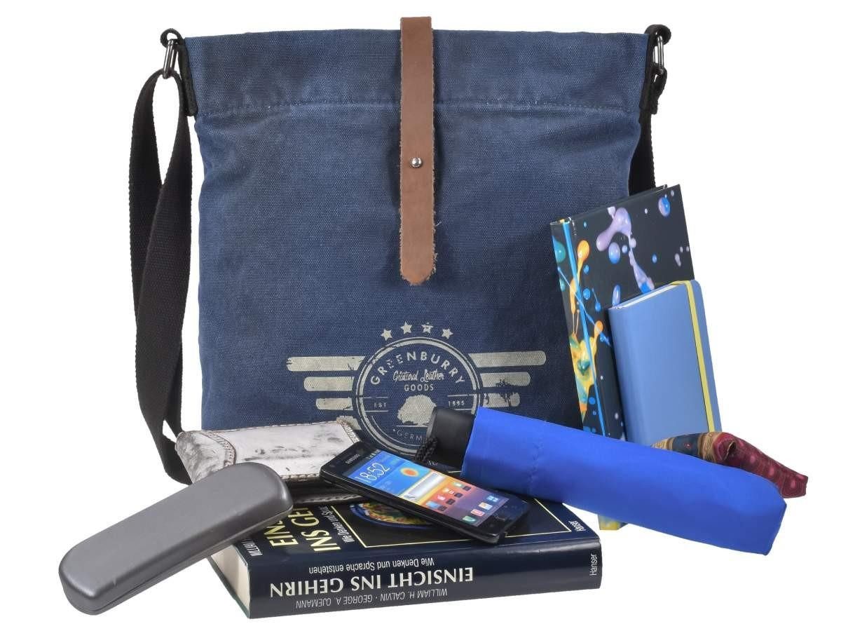 Greenburry Umhängetasche Aviator Blue Edition, used Look Canvas mit Lederbesatz, Schultertasche, Messenger 33x33cm