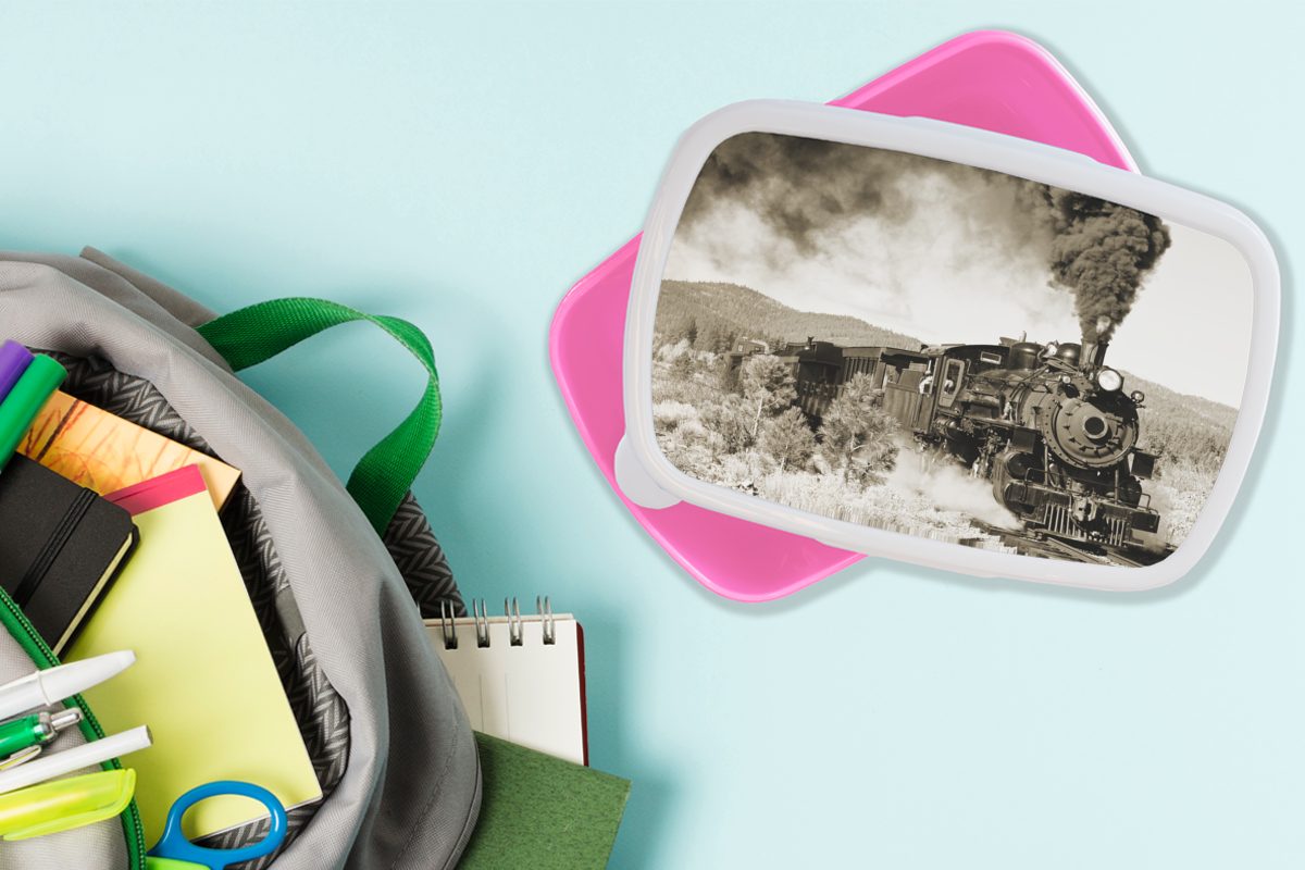 Kinder, Brotbox Brotdose Erwachsene, MuchoWow (2-tlg), Kunststoff Lunchbox rosa für Kunststoff, Snackbox, Eine antike Dampflokomotive, Mädchen,