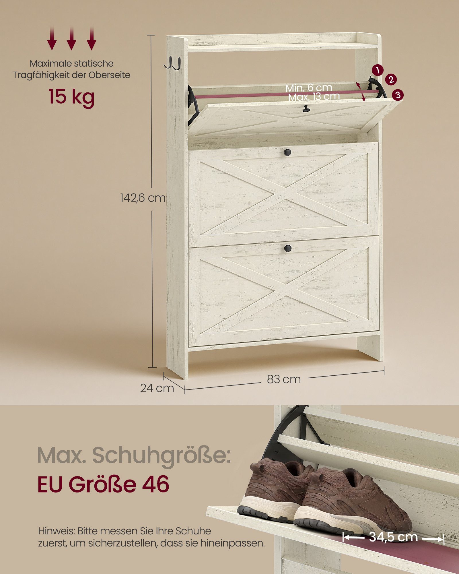 VASAGLE Schuhschrank Schuhkipper mit 3 oder 4 Klappen 83 x 24 x 142,6 cm, für Flur und Wohnzimmer, Landhausstil – Bild 5 von 5