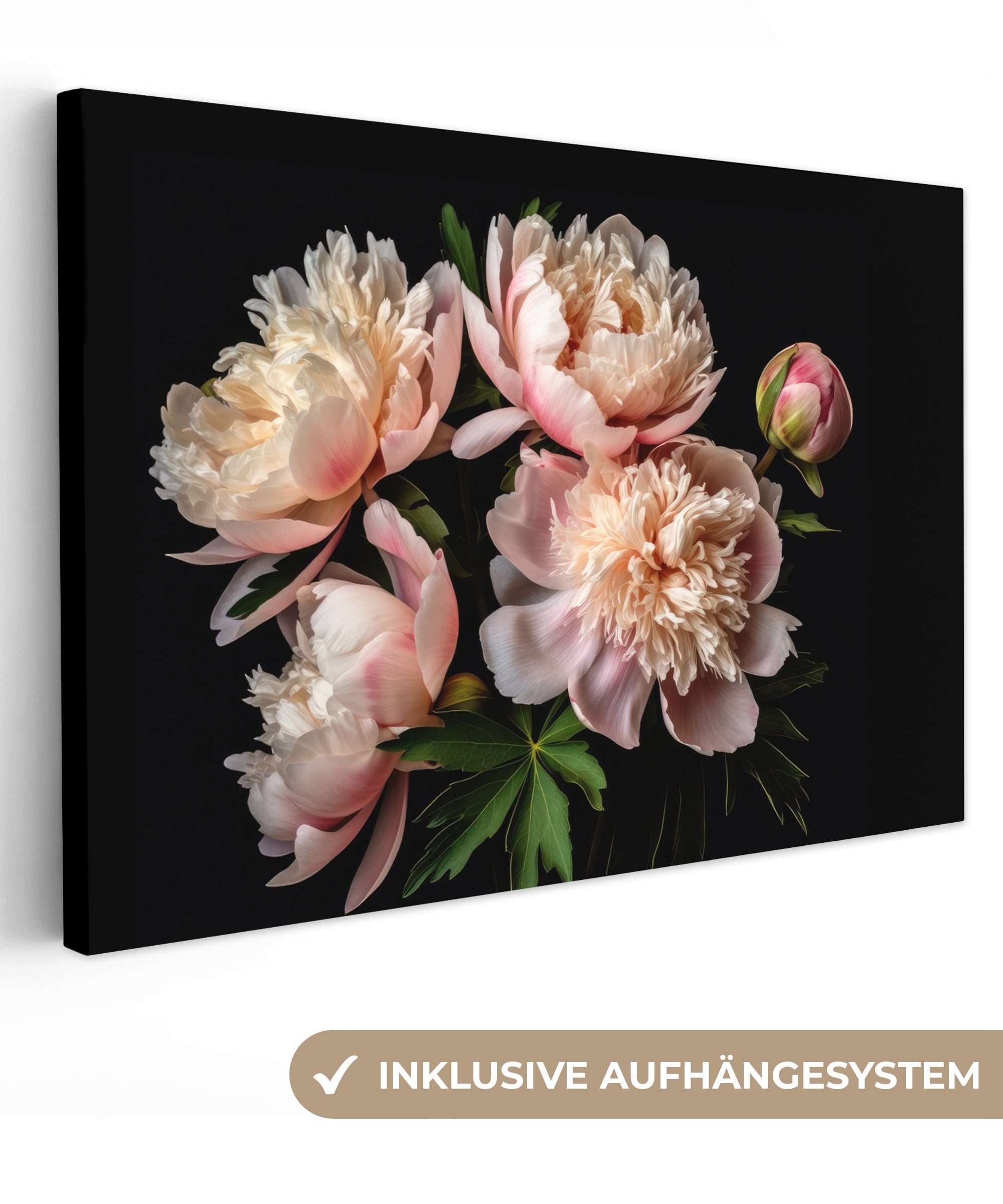 OneMillionCanvasses® Leinwandbild Pfingstrosen - Blumen - Natur - Rosa - Weiß, (1 St), Wandbild Leinwandbilder, Aufhängefertig, Wanddeko, 30x20 cm