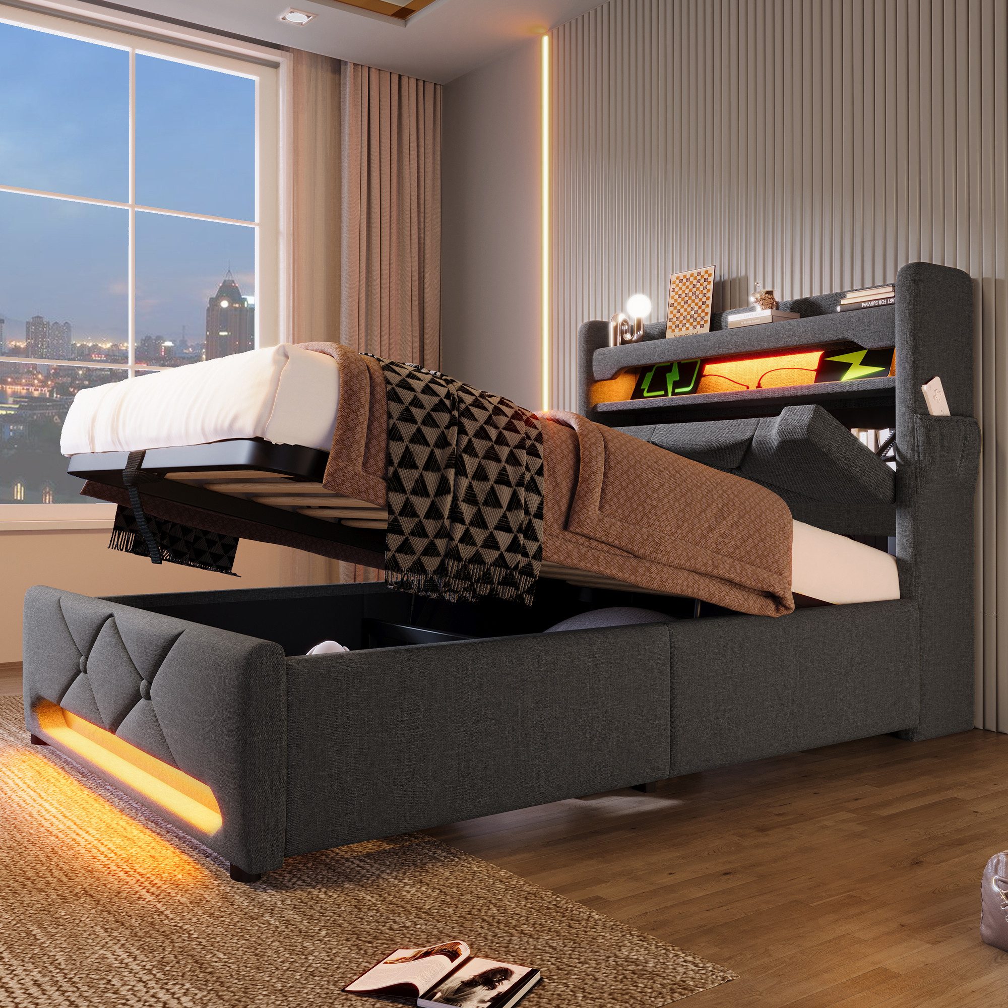 Odikalo Stauraumbett Polsterbett Jugendbett Einzelbett Hydraulik 90-180x200 günstig online kaufen