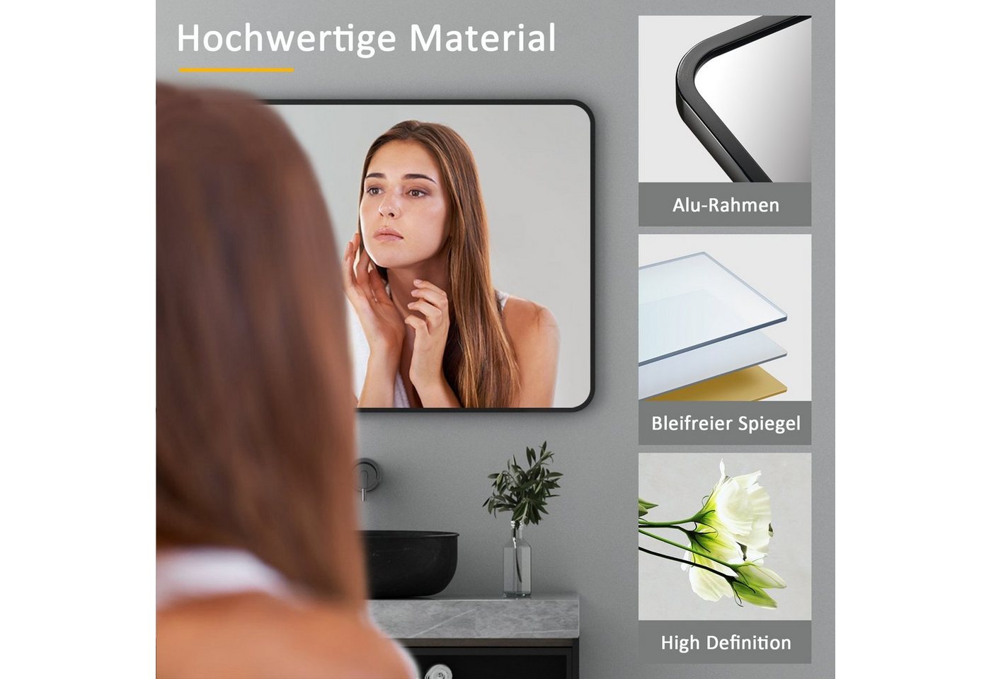 Thumbnail - WDWRITTI Badspiegel 60x80cm mit 60cm LED Spiegelleuchte Spiegel mit Licht Kaltweiß 6500K (Wandspiegel Schwarz mit Alurah...