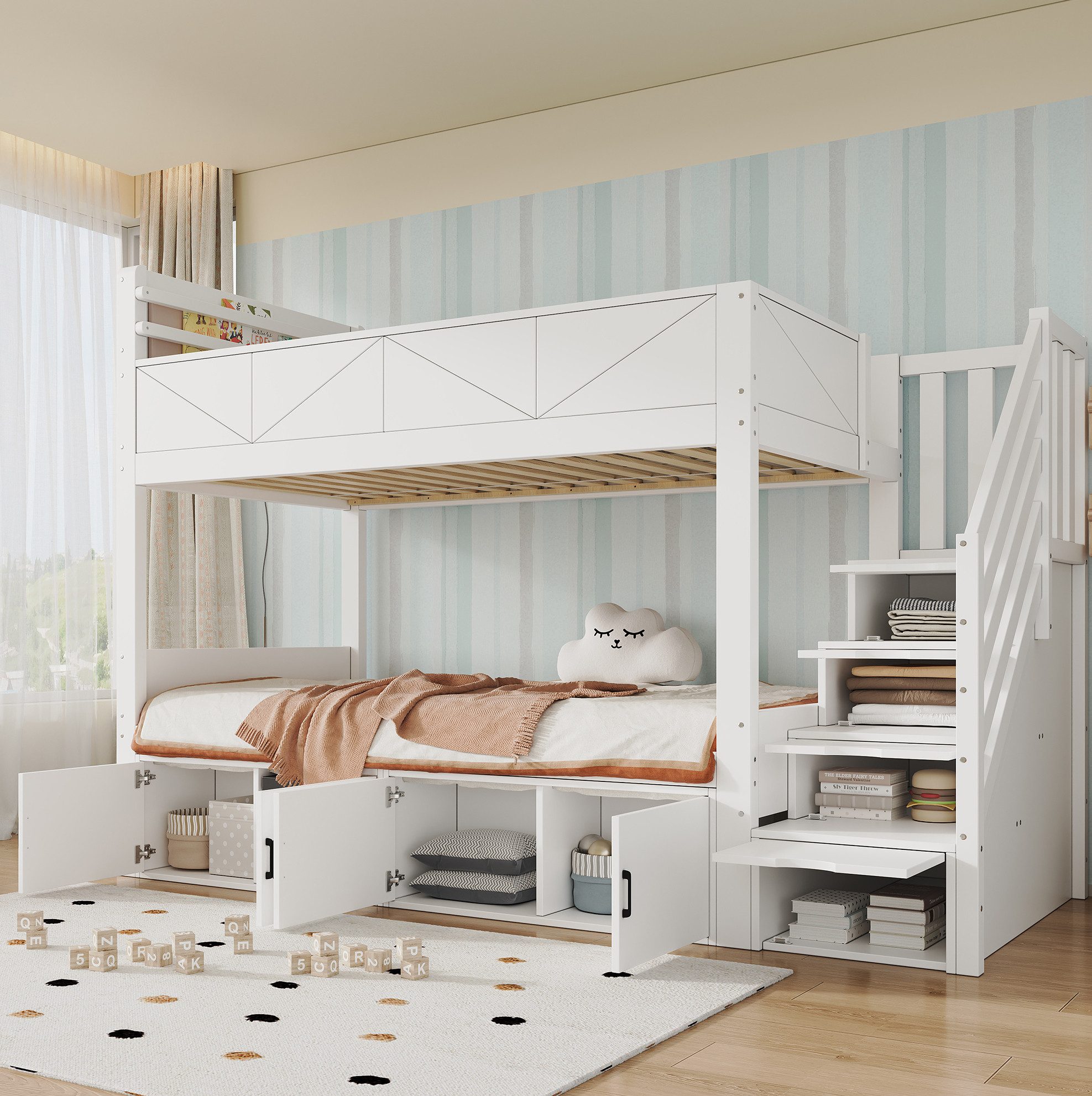 MODFU Etagenbett Stauraumbett mit Stauraumtreppe, Unterbett-Schrankfächern (Gästebett Holzbett 90x200cm mit Bücherregal und erhöhtem Rausfallschutz), Jugendbett, ohne Matratze