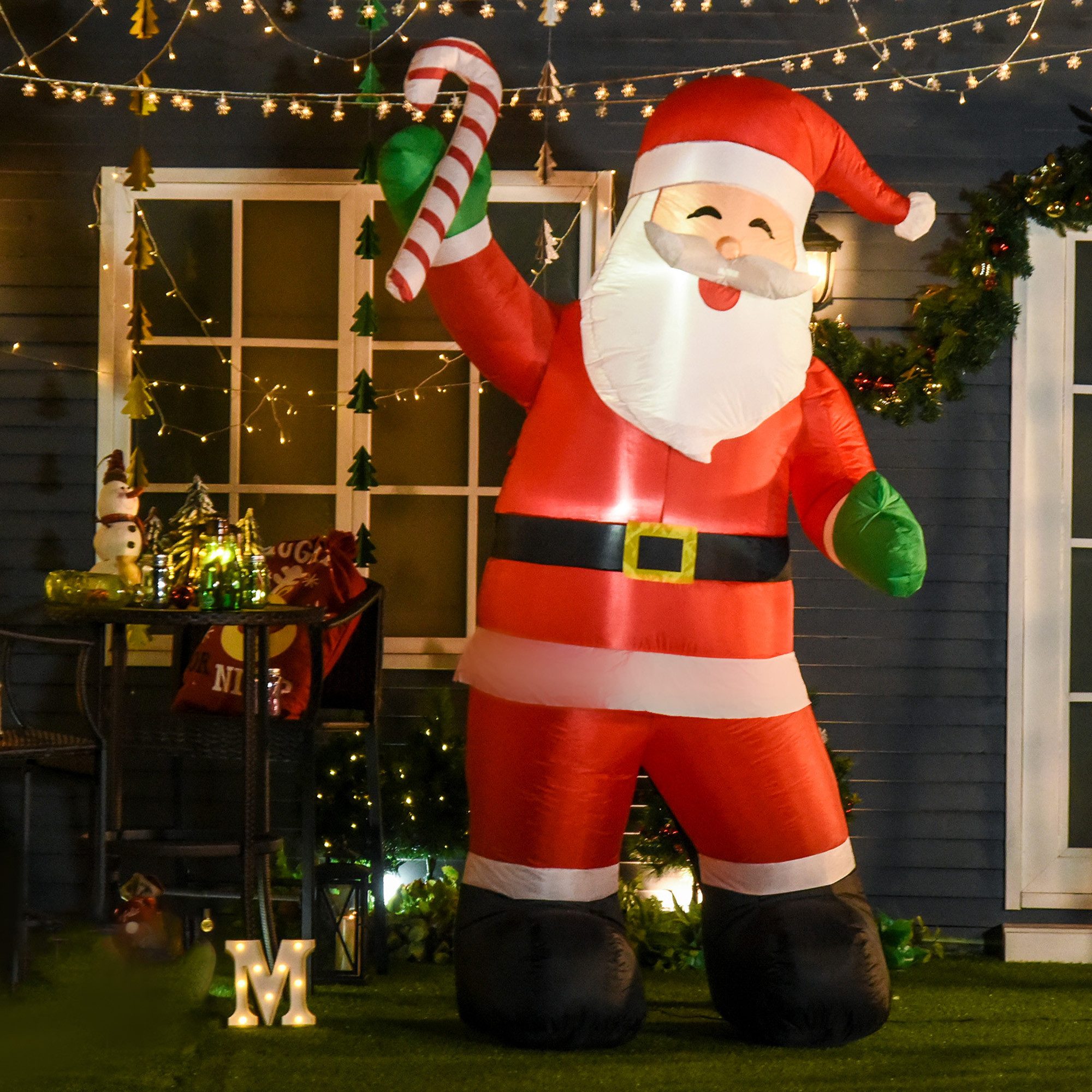 HOMCOM Weihnachtsfigur selbstaufblasend Gartendeko mit LED-Beleuchtung, Zuckerstange (2,4 m Weihnachtsmann, 1 St., Aufblasbar Weihnachtsdeko), Weihnachtsbeleuchtung für Innen- und Außenbereich