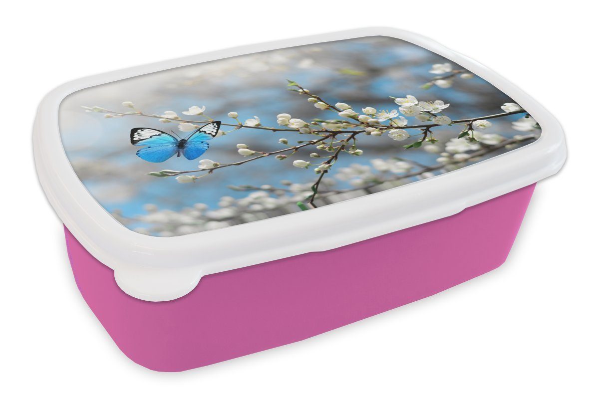 MuchoWow Lunchbox Sakura - Schmetterling - Frühling, Kunststoff, (2-tlg), Brotbox für Erwachsene, Brotdose Kinder, Snackbox, Mädchen, Kunststoff rosa