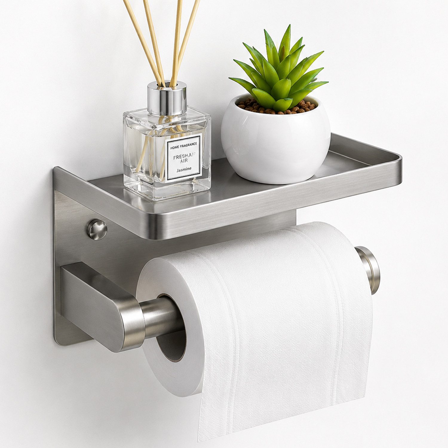BOOD Toilettenpapierhalter aus Edelstahl mit Ablage, bohr‑/klebbar Wandmontage für Bad & Küche (Packung, inkl. Montagezubehör für Bohr‑ und Klebemontage), Praktische Ablagefläche,für Bad,Küche,passend für gängige Papierrollen