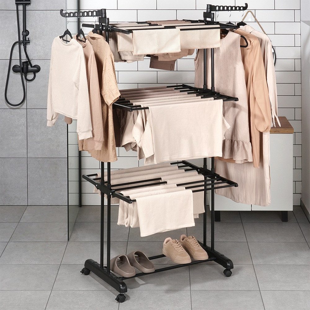 Vilde Turmwäscheständer Wäscheständer klein 125x170 cm vertikal mit 3 Ebenen und Rollen, zusammenklappbar, 24 m Leinenlänge – Bild 2 von 5