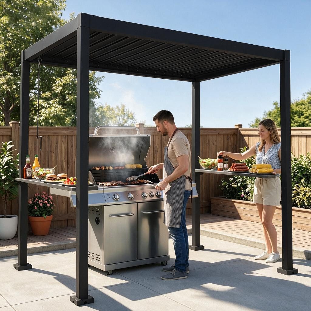 KreaGo Grillpavillon mit Lamellendach BBQ Pavillon Schwarz BxTxH: 240 x 180 x 240 cm, (Pergola Metall mit verstellbare Dachlamellen, Terrassenüberdachung, mit 2 Metallablagen, 12 Metallhaken), ohne Seitenteile