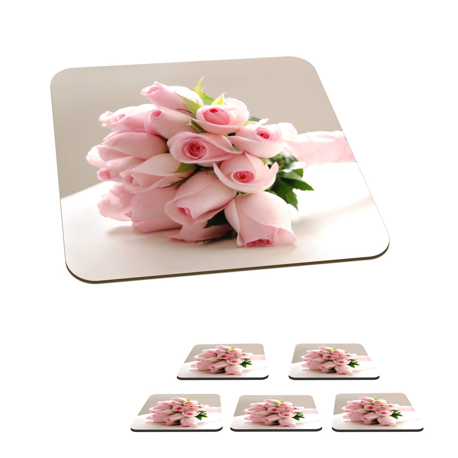 MuchoWow Glasuntersetzer Ein weißen Tasse auf rosa Blumenstrauß 6-tlg., Tisch, aus Zubehör für einem Gläser, Rosen Untersetzer, Tischuntersetzer, Korkuntersetzer, Glasuntersetzer