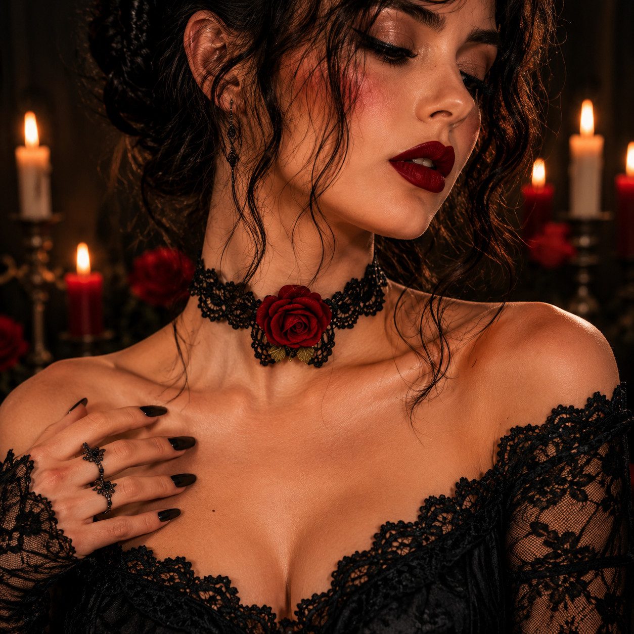 Kaiser24 Choker Gothic Halsband mit Spitze & roter Rose – Dark Romance Choker – Bild 4 von 5