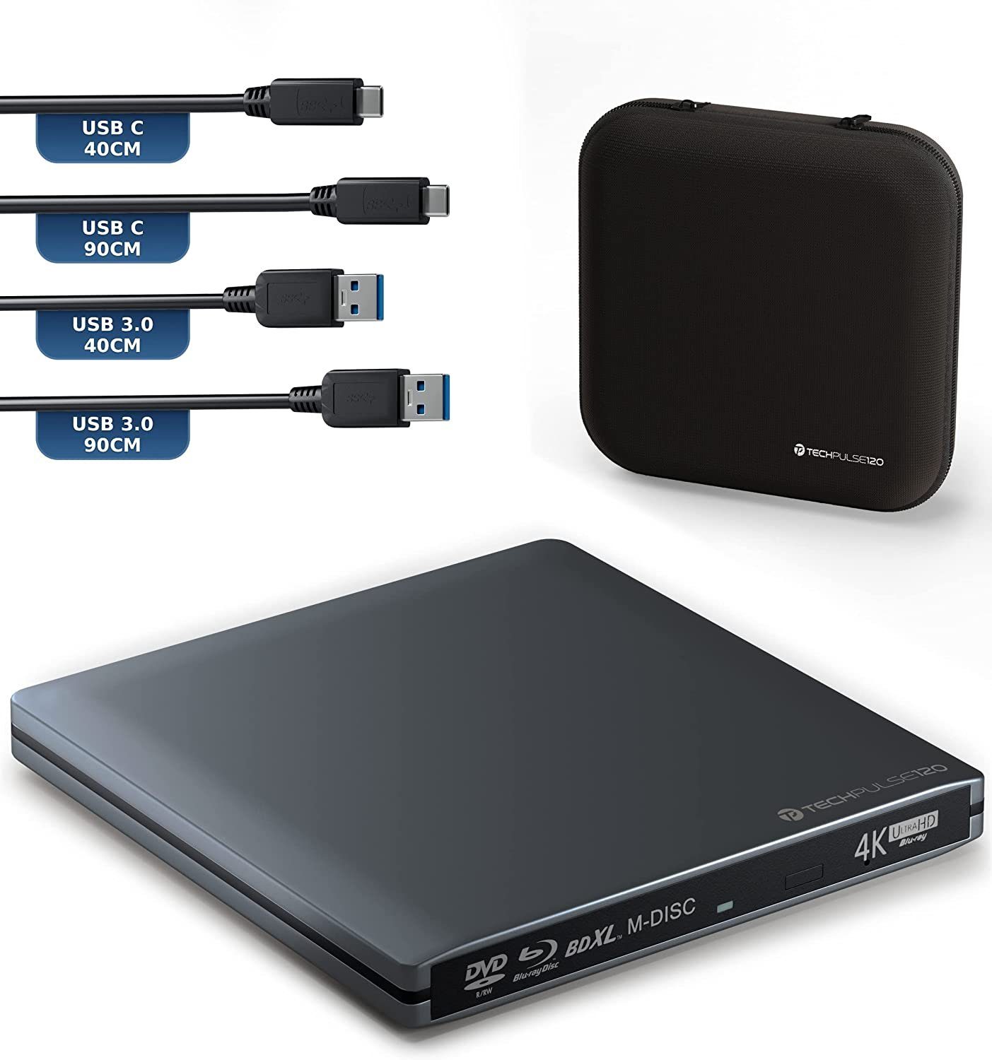 techPulse120 USB 3.1 Blu-ray DVD CD USB-C UHD 4k 3D M-DISC BDXL HDR10 100GB Brenner Blu-ray-Brenner