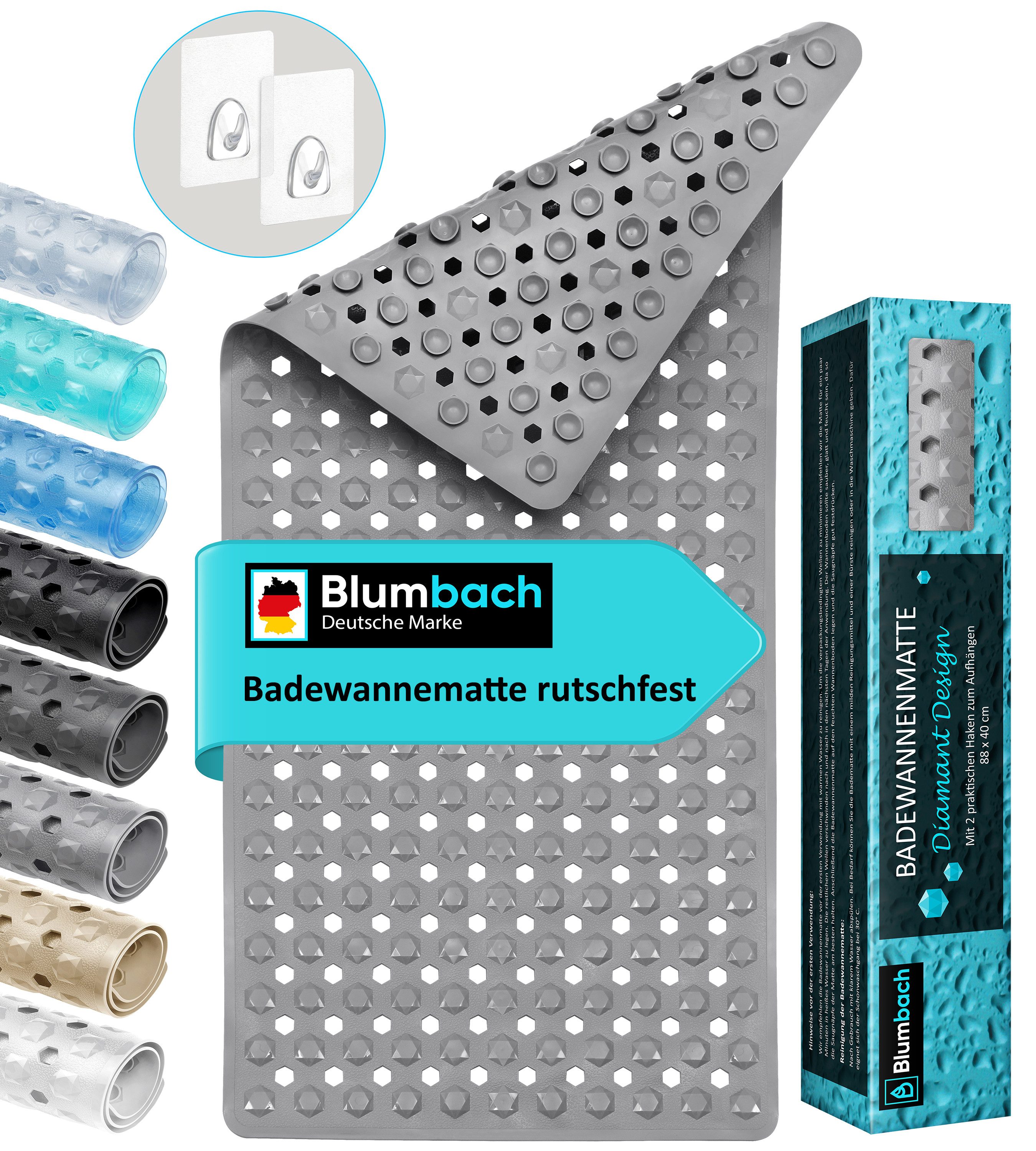 Blumbach Wanneneinlage Badewannenmatte rutschfest, Packung, inklusive 2 Klebehaken, rutschhemmend, mit Saugnäpfen, pflegeleicht