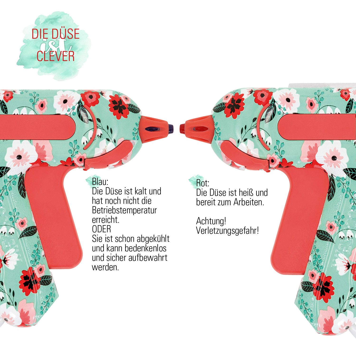 WESTCOTT Heißklebepistole Mini Floral, DIY Heißkleber inkl. 2 x Heißklebesticks, 1,4m Kabel, Non-Stick Düse mit Farbindikator