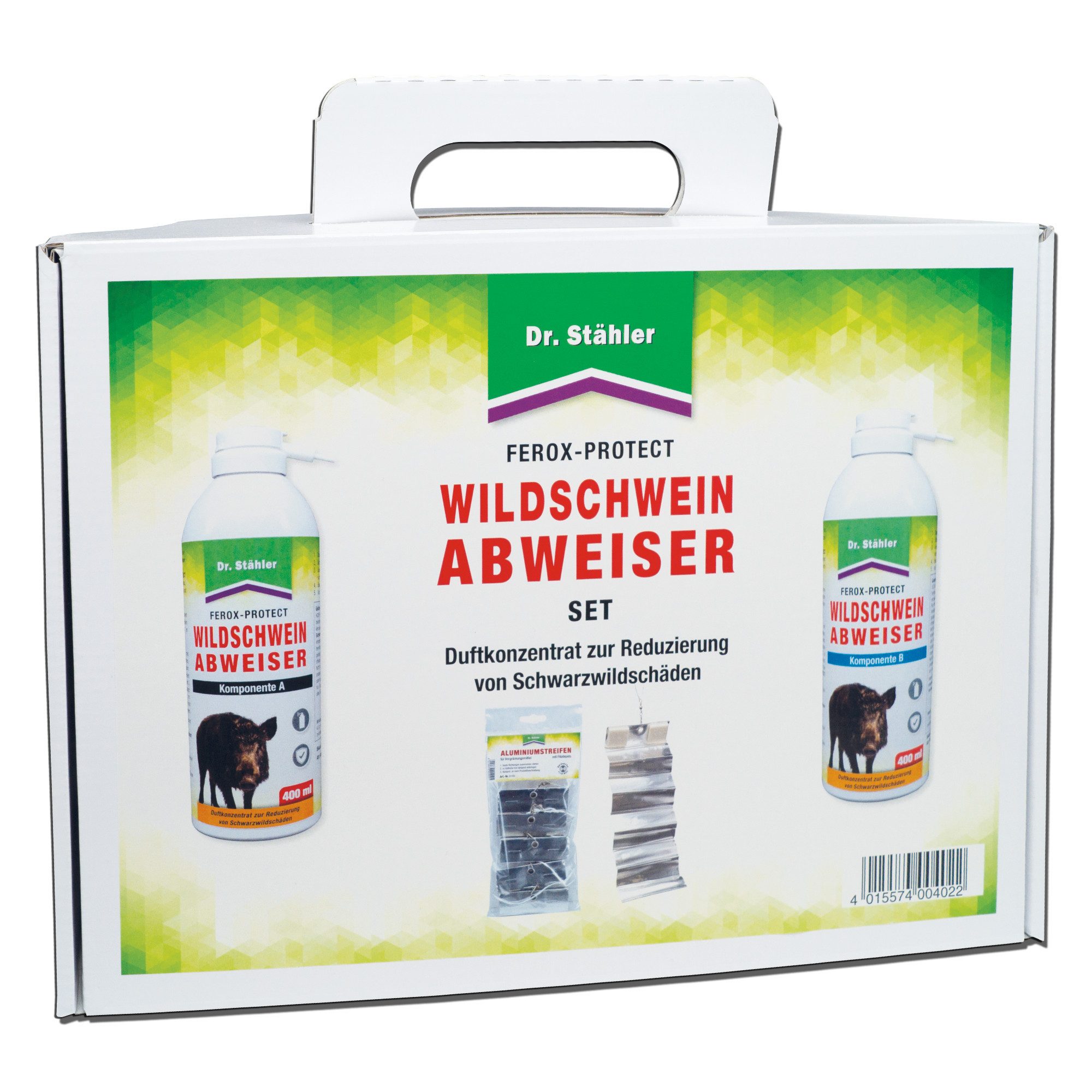 Dr. Stähler Vergrämungsmittel Ferox-Protect Wildschweinabweiser Spray-Set zur Wildschweinabwehr, Wildschweinabweiser Set – Duft- & Geräuschbarriere für Garten & Feld, 1-St., Ferox-Protect Wildschweinabwehr-Set Spray & Alustreifen im Kombi-Pack, 2 Sprays 5 Aluminiumstreifen mit Filzdepot für Duft- und Bewegungsreiz