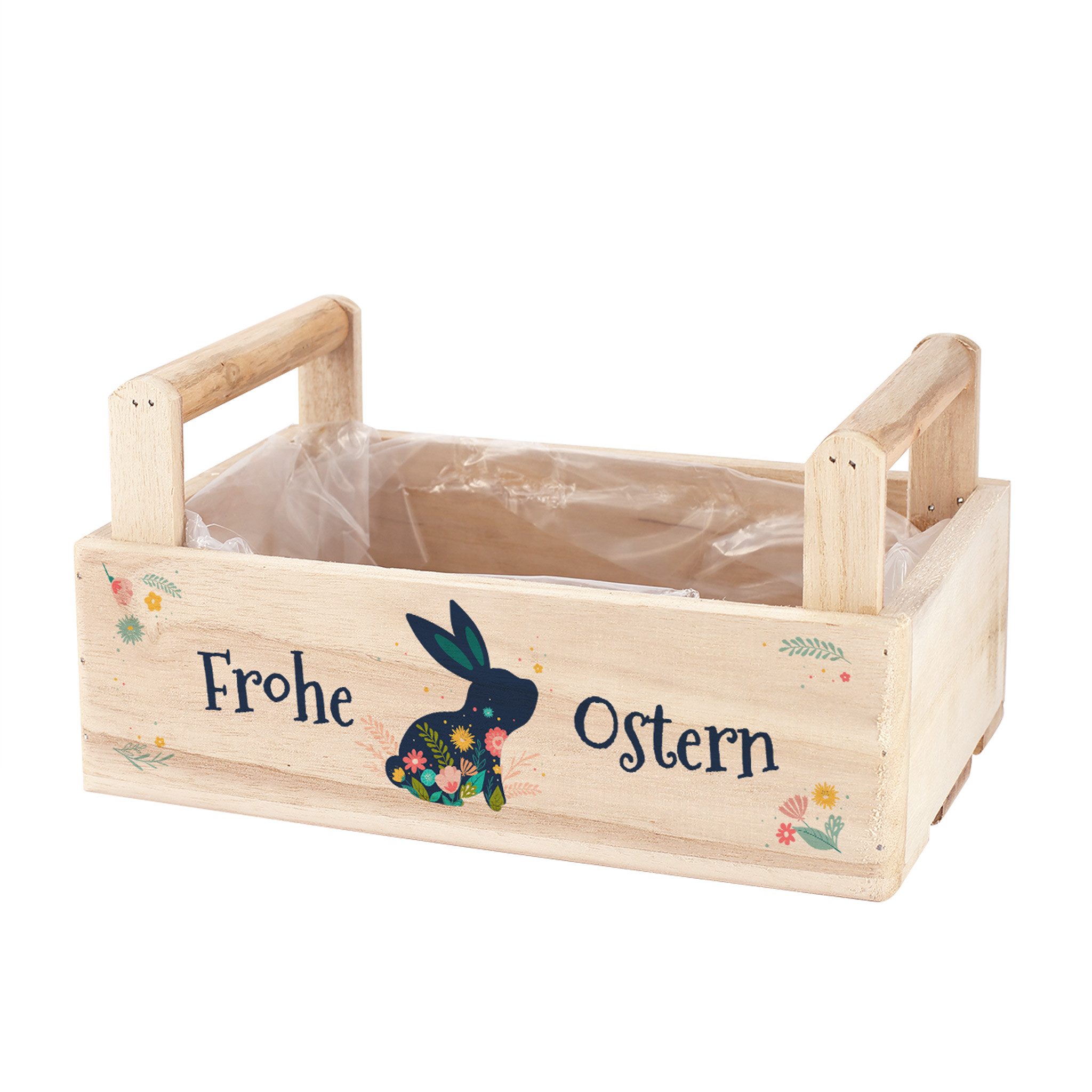 Herz & Heim Geschenkbox zu Ostern - Pflanzkorb aus Holz als Osterkorb für Ostergeschenke, 2 Griffe, mit Folie ausgekleidet