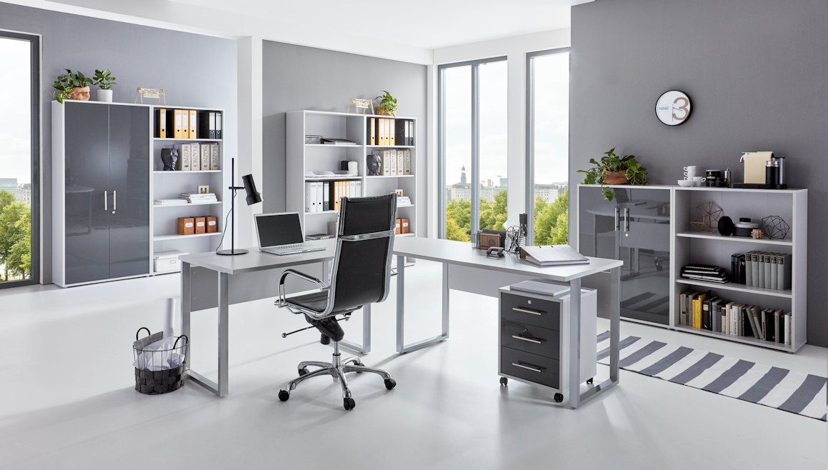 (Büromöbel-Set, anthrazit OFFICE + + Hochglanz 8-St., / lichtgrau Regale) Schreibtisch + Set moebel-dich-auf Rollcontainer Büroschrank Arbeitszimmer, EDITION Metallgriffe Aktenschrank 7