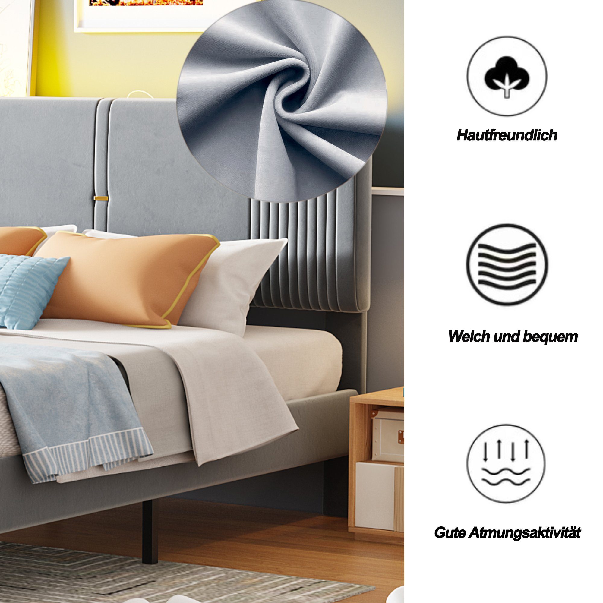 REDOM Polsterbett mit Lichtleiste und USB-Buchse,Doppelbett günstig online kaufen