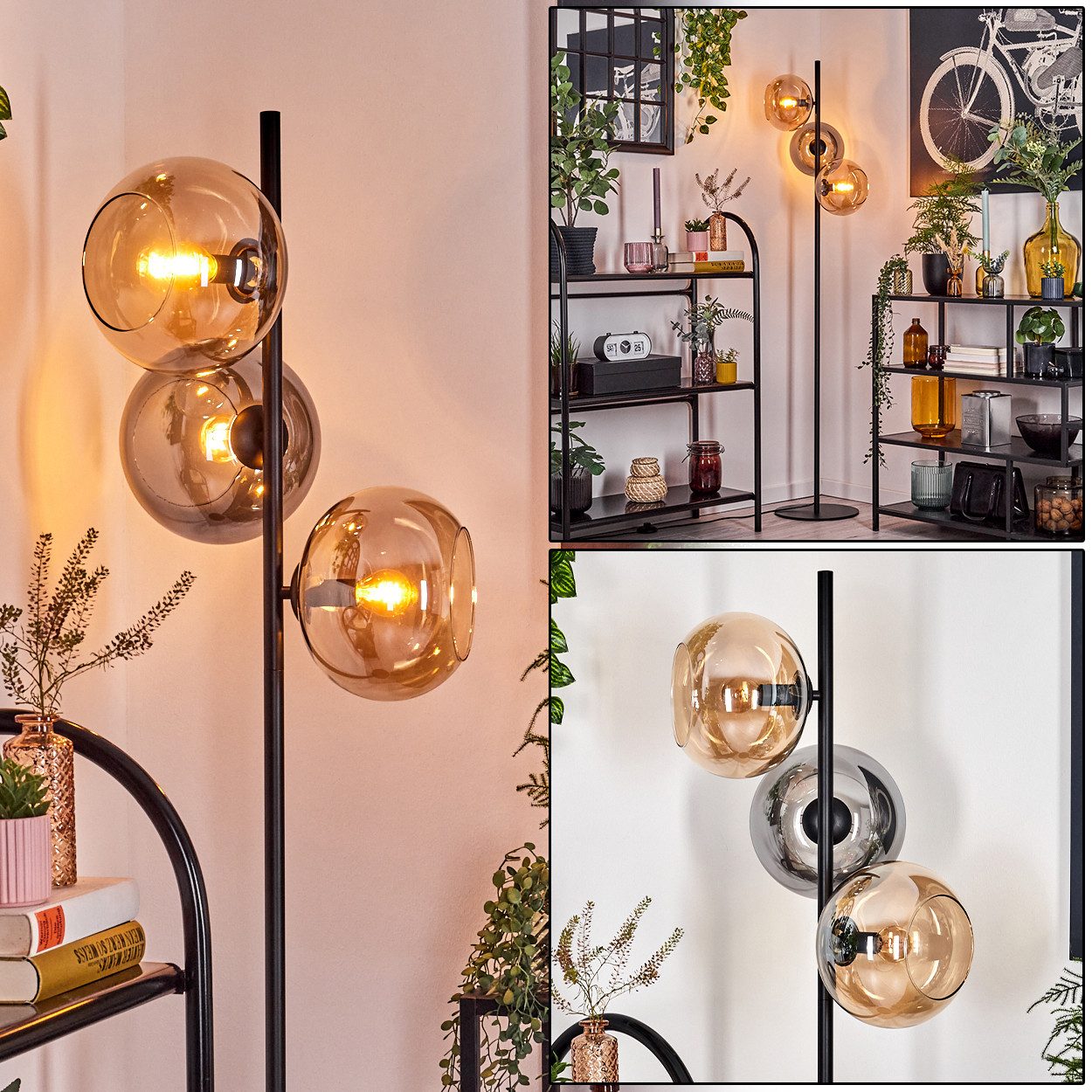 Stehlampe Stehlampe aus Metall/Glas in Schwarz/Rauch/Bernstein mit Fußschalter