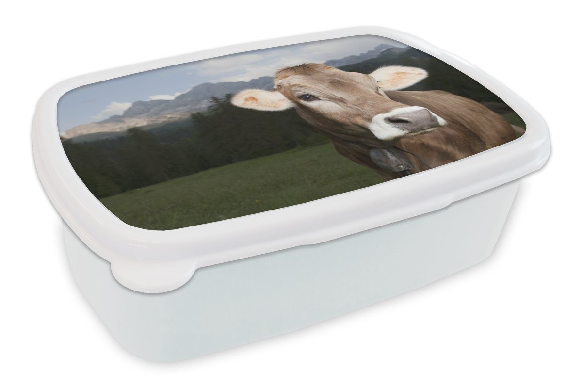 MuchoWow Lunchbox Kuh - Licht - Porträt, Kunststoff, (2-tlg), Brotbox für Kinder und Erwachsene, Brotdose, für Jungs und Mädchen weiß
