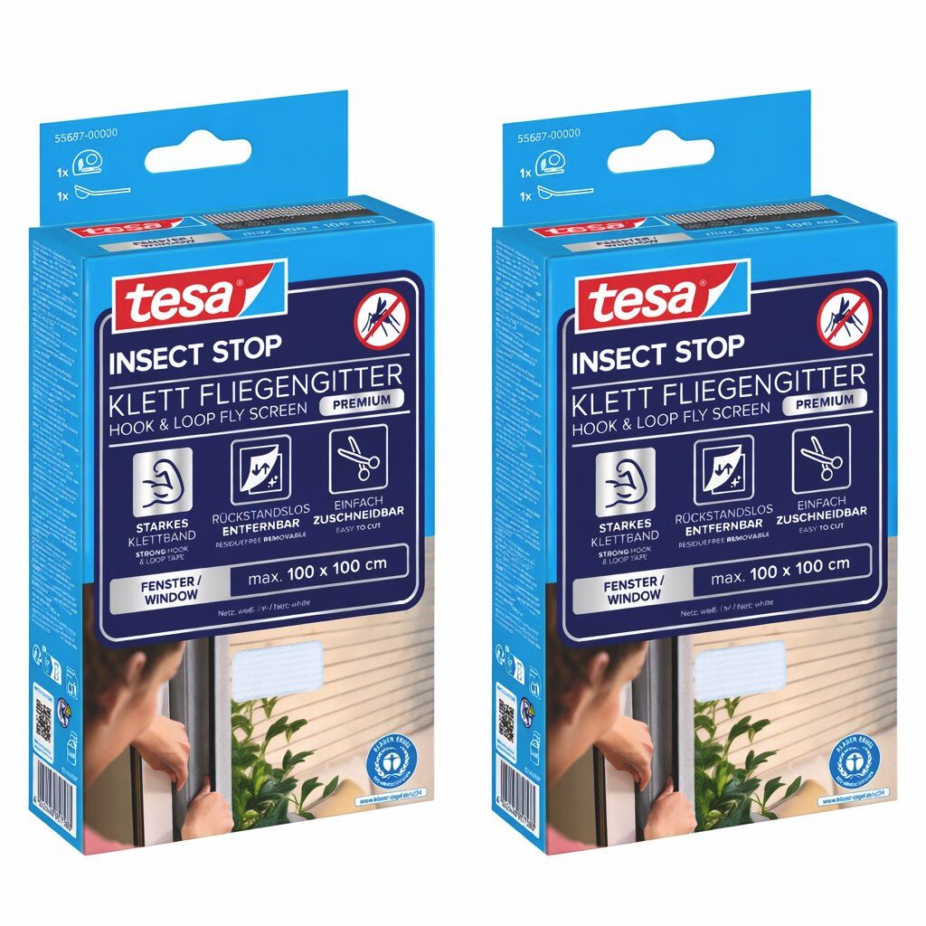 tesa Insektenschutz-Fensterrahmen Klett Fliegengitter Premium für Fenster, Insektenschutz, ohne bohren, (Spar-Set, 2-St), Mückenschutz mit starkem Klettband, rückstandsfrei entfernbar